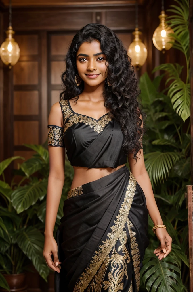 1 18 year old indian girl, longye hair, curly hair, black hair color, smooth skin, eyes black, sorrido, vegetation, Occasional, traditional style clothes, black formal sari, realisitic, with background in a fancy restaurant, 8k super realisitic, super detalhado e realisitic