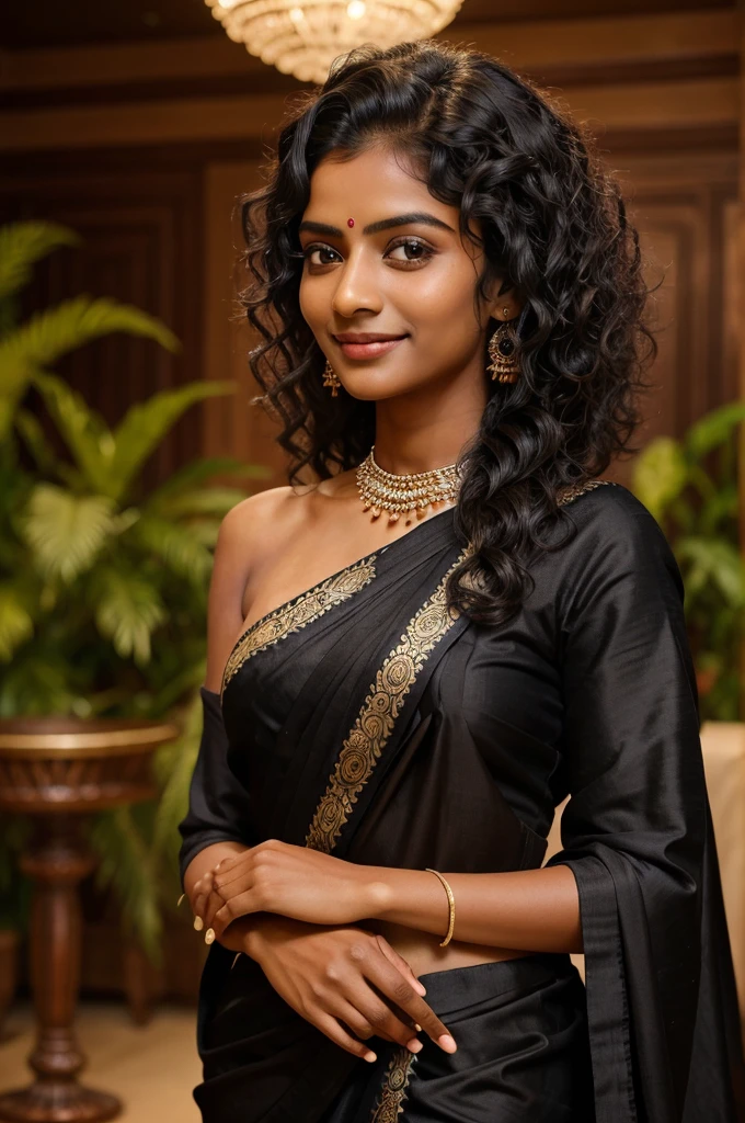 1 18 year old indian girl, longye hair, curly hair, black hair color, smooth skin, eyes black, sorrido, vegetation, Occasional, traditional style clothes, black formal sari, realisitic, with background in a fancy restaurant, 8k super realisitic, super detalhado e realisitic