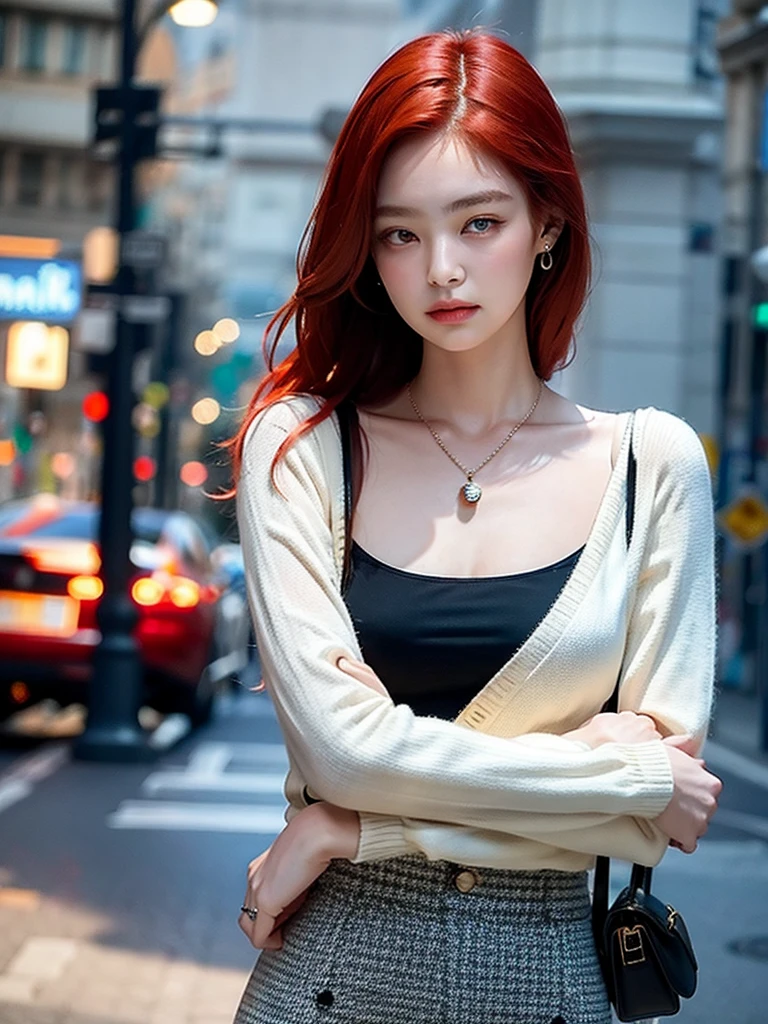 ( masterpiece, top quality, best quality,8k,17 years old girl,ultra detailed,raw photo:1.5),(photorealistic:1.4), (red hair:1.5), (cinematic lighting), PerfectNwsjMajic, , Surrealism, UHD, ccurate, Super detail, textured skin, High detail, Best quality, dynamic angle, (high nose,White skin),[Beautiful blue eyes],[flat chest:large breasts:0.5],(1girl),(good anatomy:0.5)),(outside:1.5),Necklaces, earrings 
