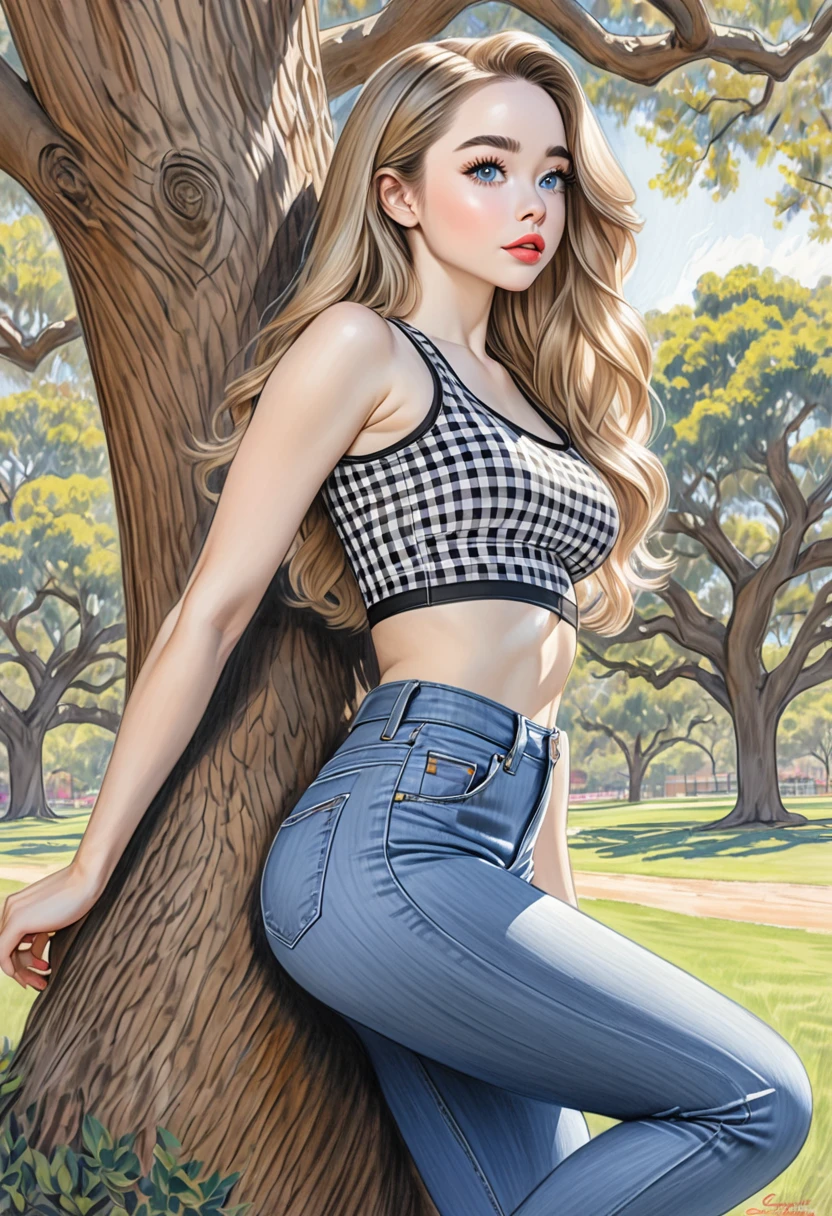 A colored pencil sketch of A beautiful woman, A gingham, skin tight spandex top, large heaving breasts, skin tight highrise jeans. curvy, thin-waist, wide-hips, swaying-hips, fit, healthy chiseled, vuluptious figure. mash up of Sabrina Carpenter, She is sitting seductively under a live oak tree.