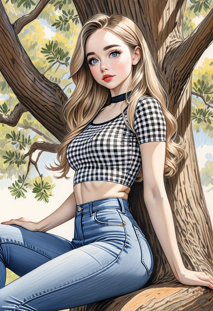 A colored pencil sketch of A beautiful woman, A gingham, skin tight spandex top, large heaving breasts, skin tight highrise jeans. curvy, thin-waist, wide-hips, swaying-hips, fit, healthy chiseled, vuluptious figure. mash up of Sabrina Carpenter, She is sitting seductively under a live oak tree.