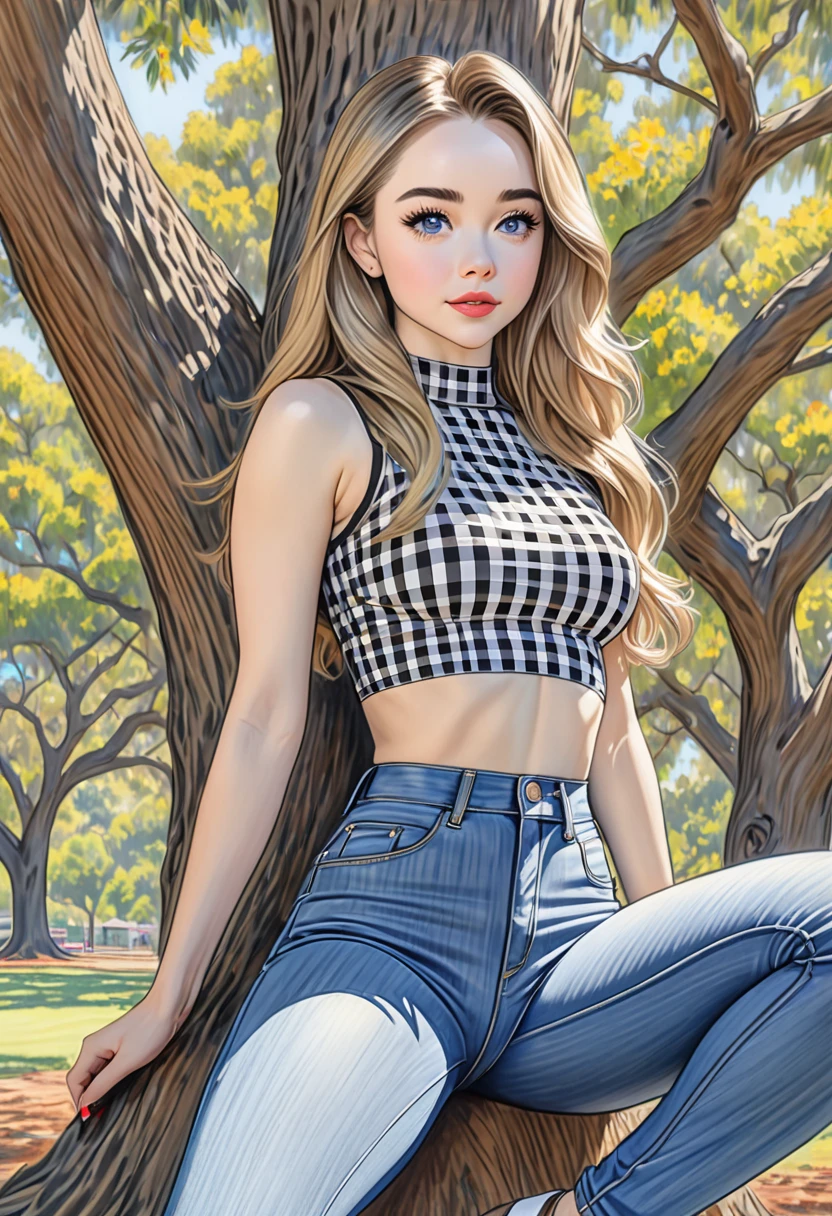 A colored pencil sketch of A beautiful woman, A gingham, skin tight spandex top, large heaving breasts, skin tight highrise jeans. curvy, thin-waist, wide-hips, swaying-hips, fit, healthy chiseled, vuluptious figure. mash up of Sabrina Carpenter, She is sitting seductively under a live oak tree.
