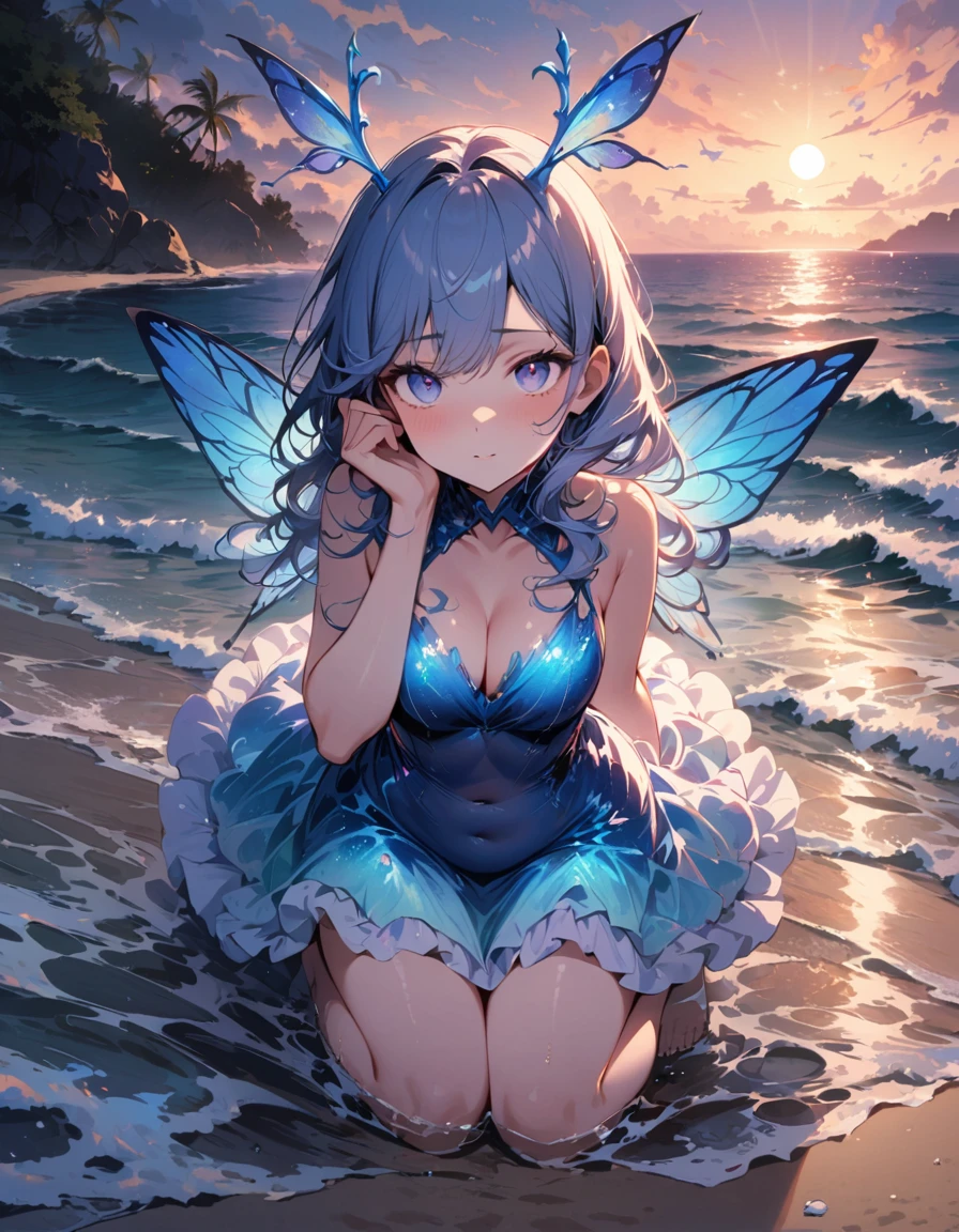 (masterpiece), best quality, expressive eyes, wide eyes, perfect face, fix face, full body, 1girl, fairy,solo,looking at the viewer, silver eyes, short blue hair, highly detailed fairy wings made of water, glass antlers, on the beach, liquid dress, bioluminescent blue glitter glow dress, white dandelion tutu dress belly, full moon, highly detailed ocean scene