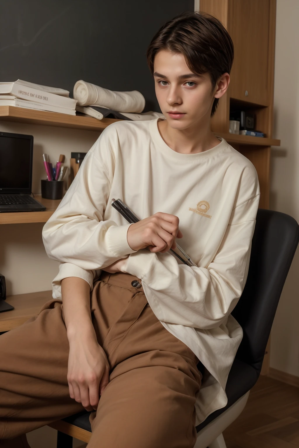 A young male twink, 20 years old, with a cute angel face, with makeup and black hair, wearing a luxurious, long-sleeved, white shirt and brown medieval pants. Behind him is a blackboard with the nerve cells of the brain written on it, and he looks proudly as he sits at a desk with medical tools on it, and he has a face.  Innocent