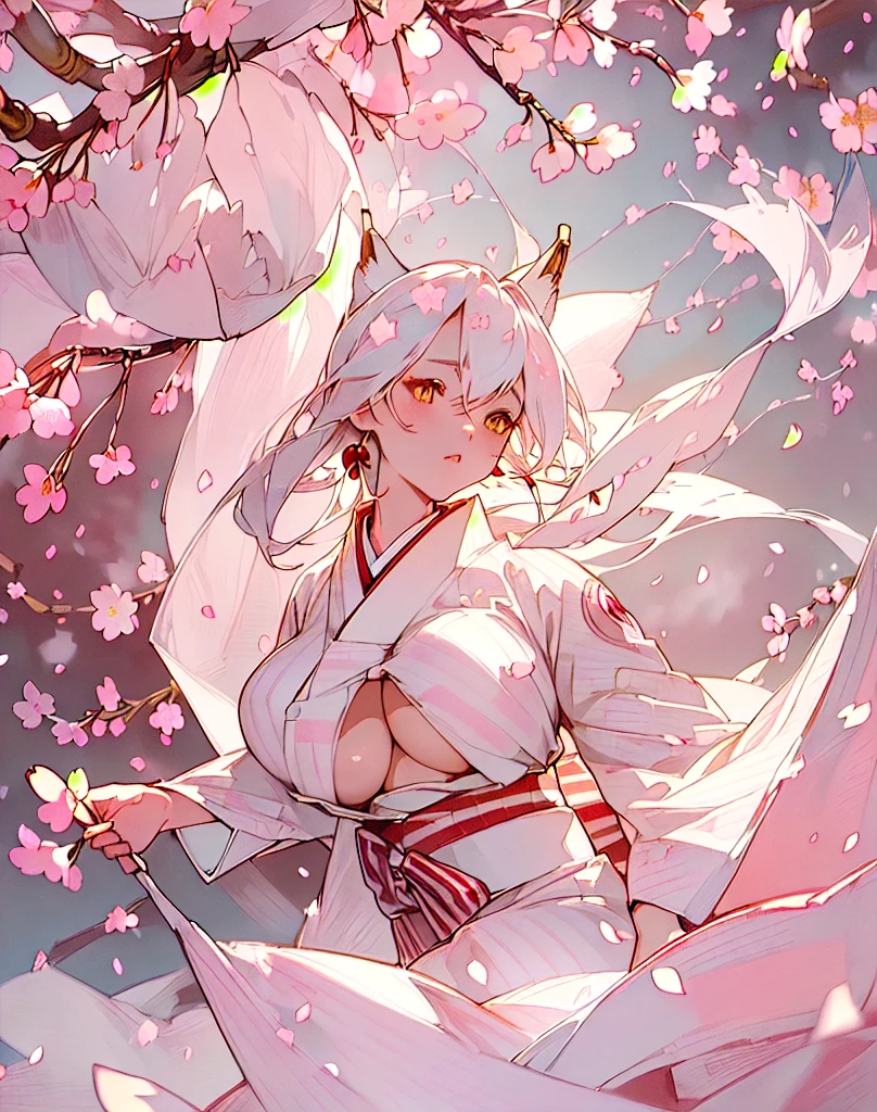 (masterpiece, Highest quality, Highest quality, Official Art, White skin, beautifully、aesthetic:1.2), (One girl), Big white fox ears:1.3, (Detailed yellow eyes), Highly detailed eyes, (Perfect Face), (White kimono with red stripes:1.3), ((Undressed)), ((Big Tits:1.4)), ((A glimpse of her thighs:1.1), ((A glimpse of her thighs through her kimono)), Dynamic pose, (colorful), Most detailed, Complex, (Perfect Face), Glowing Skin, (White fox), (Cherry blossom petals, A lot of beautiful cherry blossoms falling:1.4), Cinematic Light, High Contrast, full moon, (Starry sky background:1.3), (Floating lanterns:1.2), Multiple foxfires:1.4