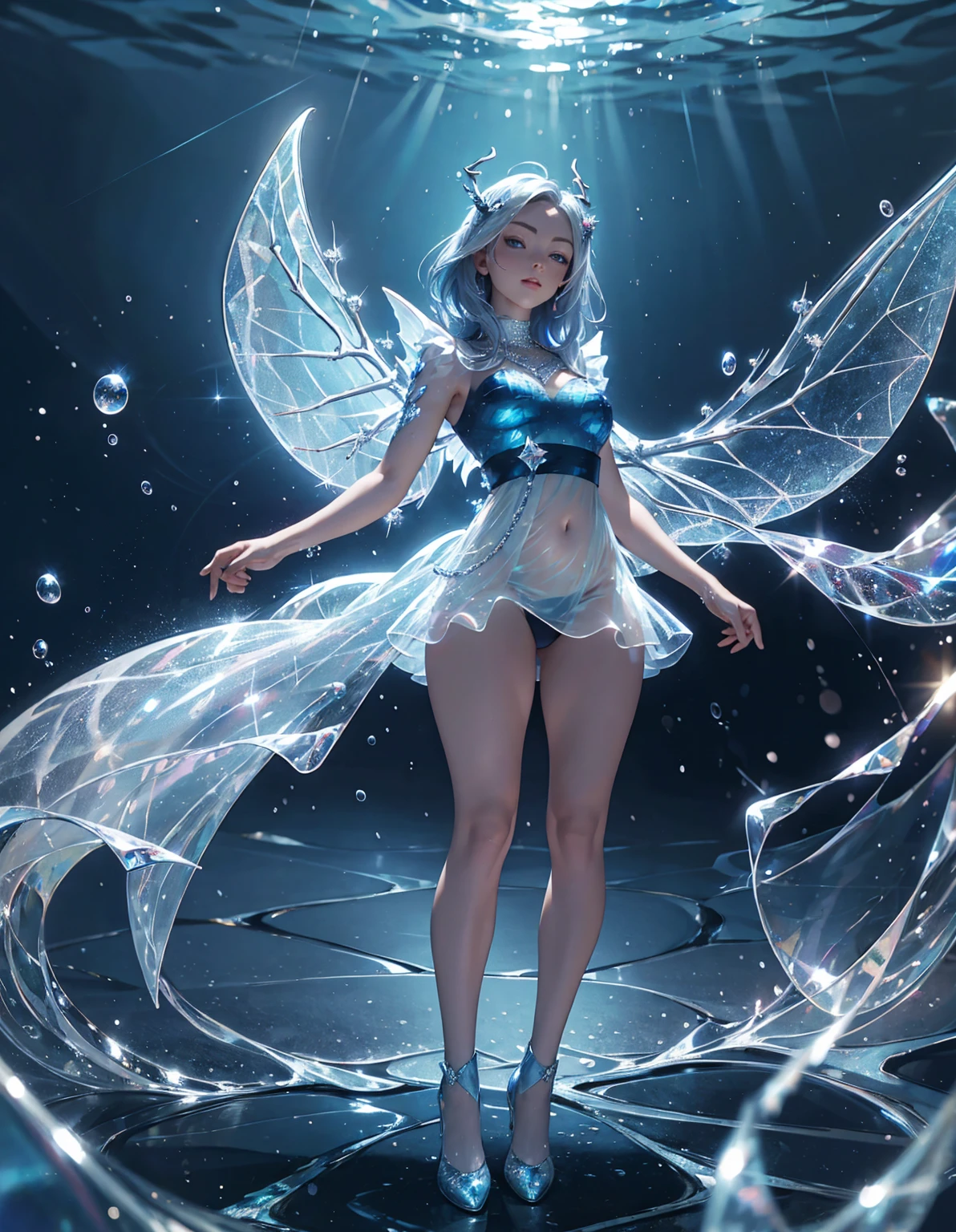 (masterpiece), best quality, expressive eyes, wide eyes, perfect face, fix face, full body, 1girl, fairy,solo,looking at the viewer, silver eyes, short blue hair, highly detailed fairy wings made of water, glass antlers, on the beach, liquid dress, bioluminescent blue glitter glow dress, white dandelion tutu dress belly, full moon, highly detailed ocean scene