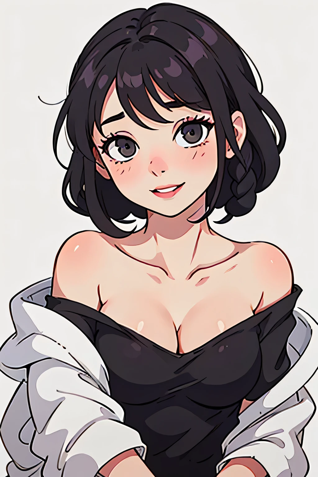 Sexy and cute woman, woman in love, black hair braided, very seductive and soft eyes, blushing hard, pink lips parted, seductive smile, long neck, collarbone, medium chest, cleavage, off shoulder t shirt, bare shoulders