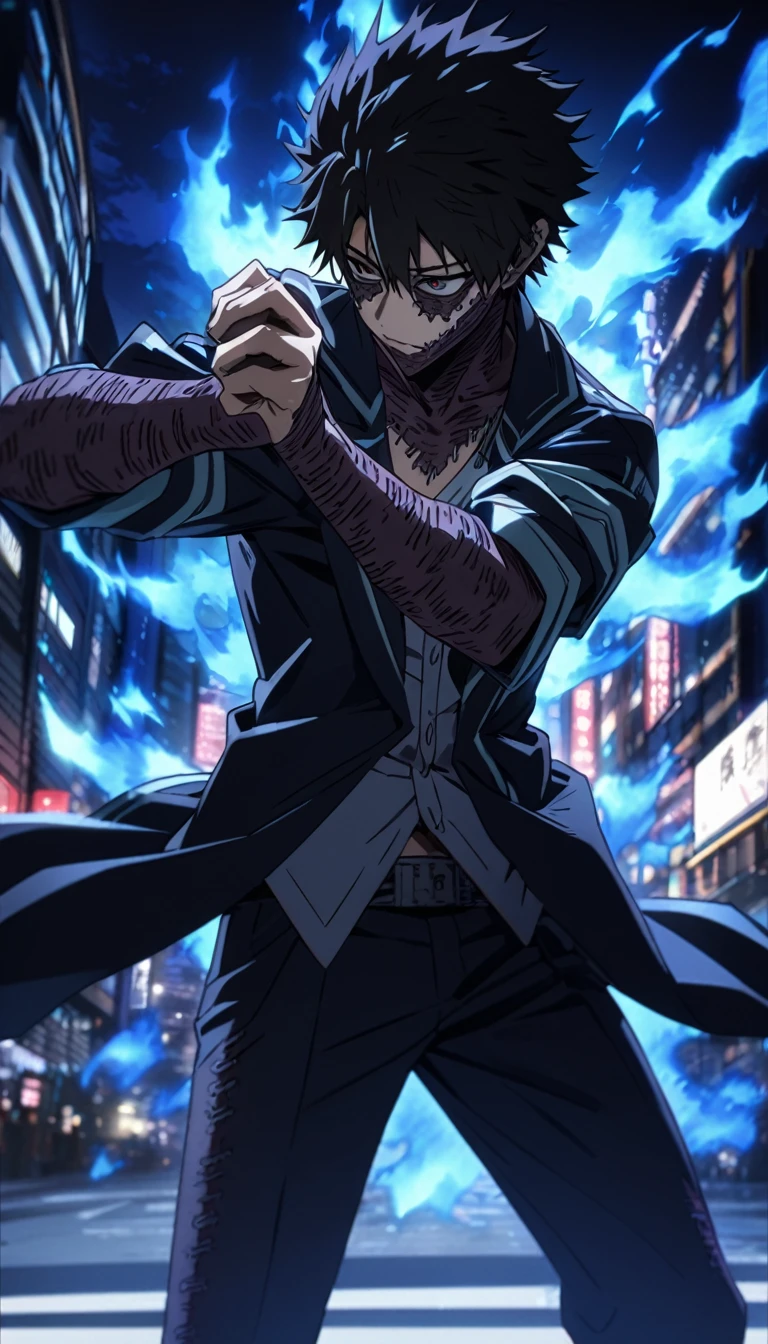 dabi (high quality detail face) dynamic evil standing pose in the distance on a tokyo street with blue flames burning around, sky scrapers in the distance, masterpiece, bestquality, night time, beautiful lighting, highly detailed, dynamic pose, blue flames all around