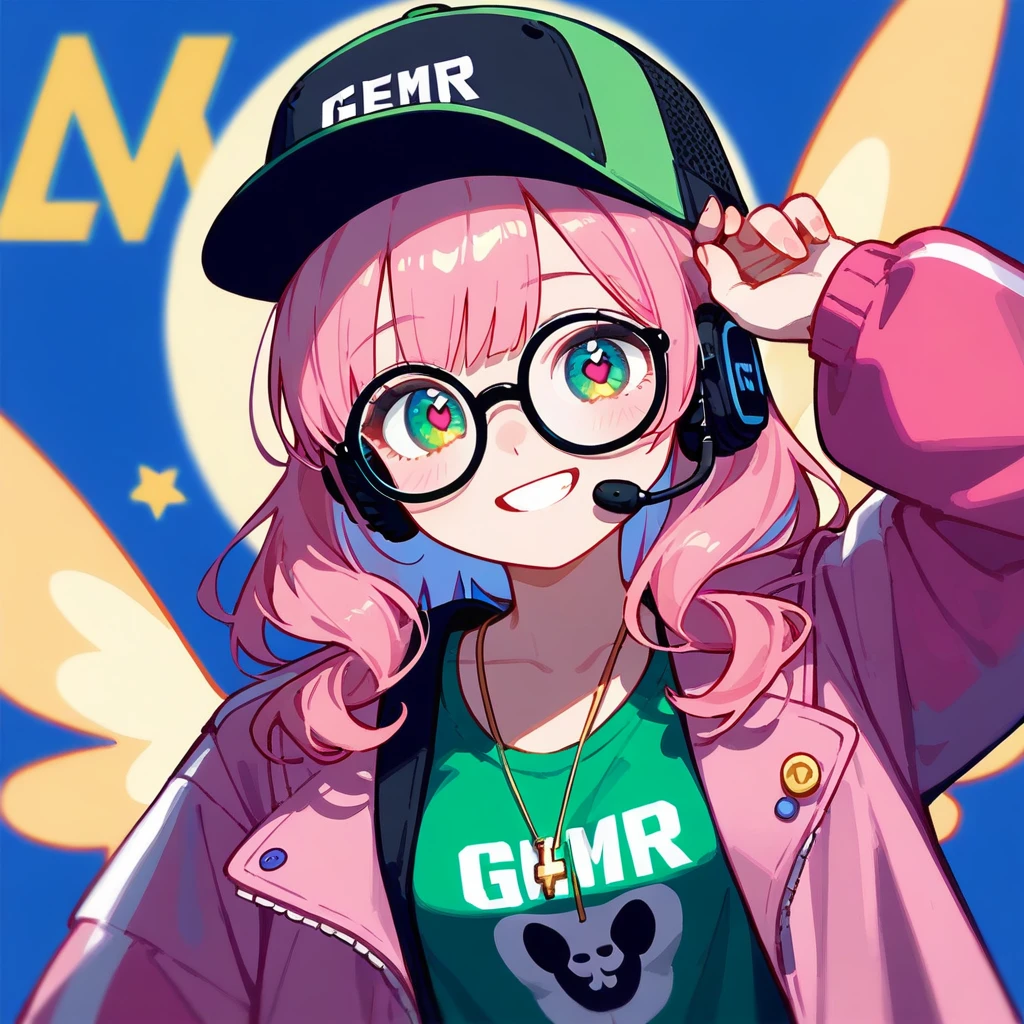 1girl, standing up, looking at viewer, hairstyle, gold rose accessories, green clothes, medium size breast, friendly, glasses, pale skin, gamer, cool, headset, Heartsteel style, pink hair, medium hair in front, long hair back, green clothes, pink coat, cool headset, rounded glasses, winged hat, gamer, 8k, humanization, looking at viewer, smile, attitude, solo, masterpiece, fully dressed, full resolution, high definition, portrait, cute eyes, cheerful, dynamic posse, elite, sneakers, pants