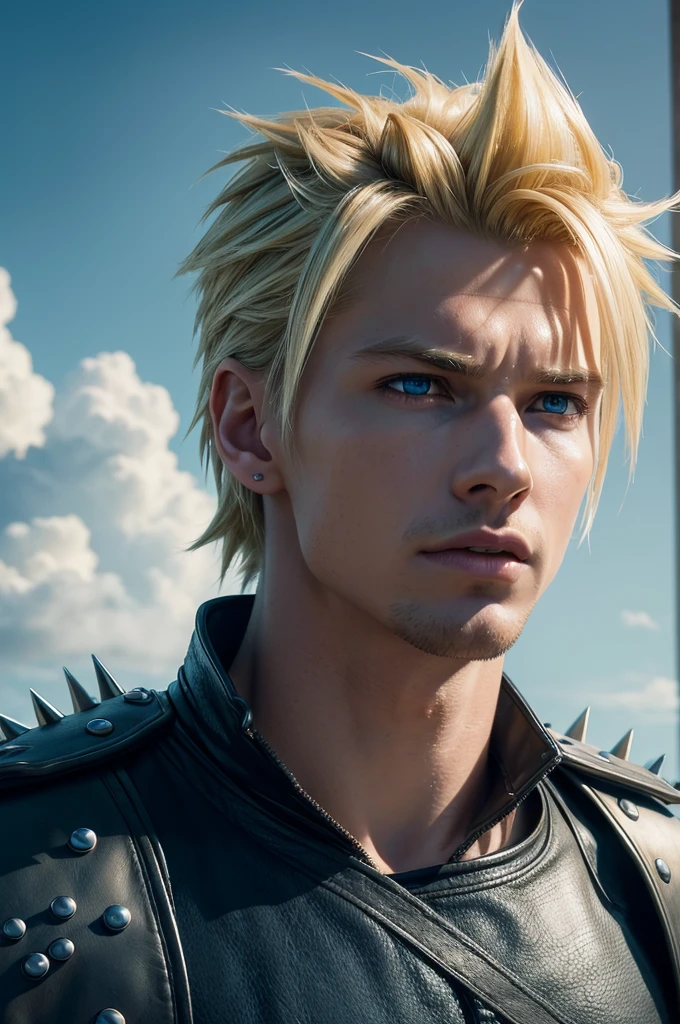 1 tall, slender young man with spiky blonde hair and piercing blue eyes, detailed portrait of Cloud Strife from Final Fantasy, photorealistic, high quality, cinematic lighting, dramatic pose, dynamic composition, vibrant colors, epic fantasy, (best quality,4k,8k,highres,masterpiece:1.2),ultra-detailed,(realistic,photorealistic,photo-realistic:1.37)