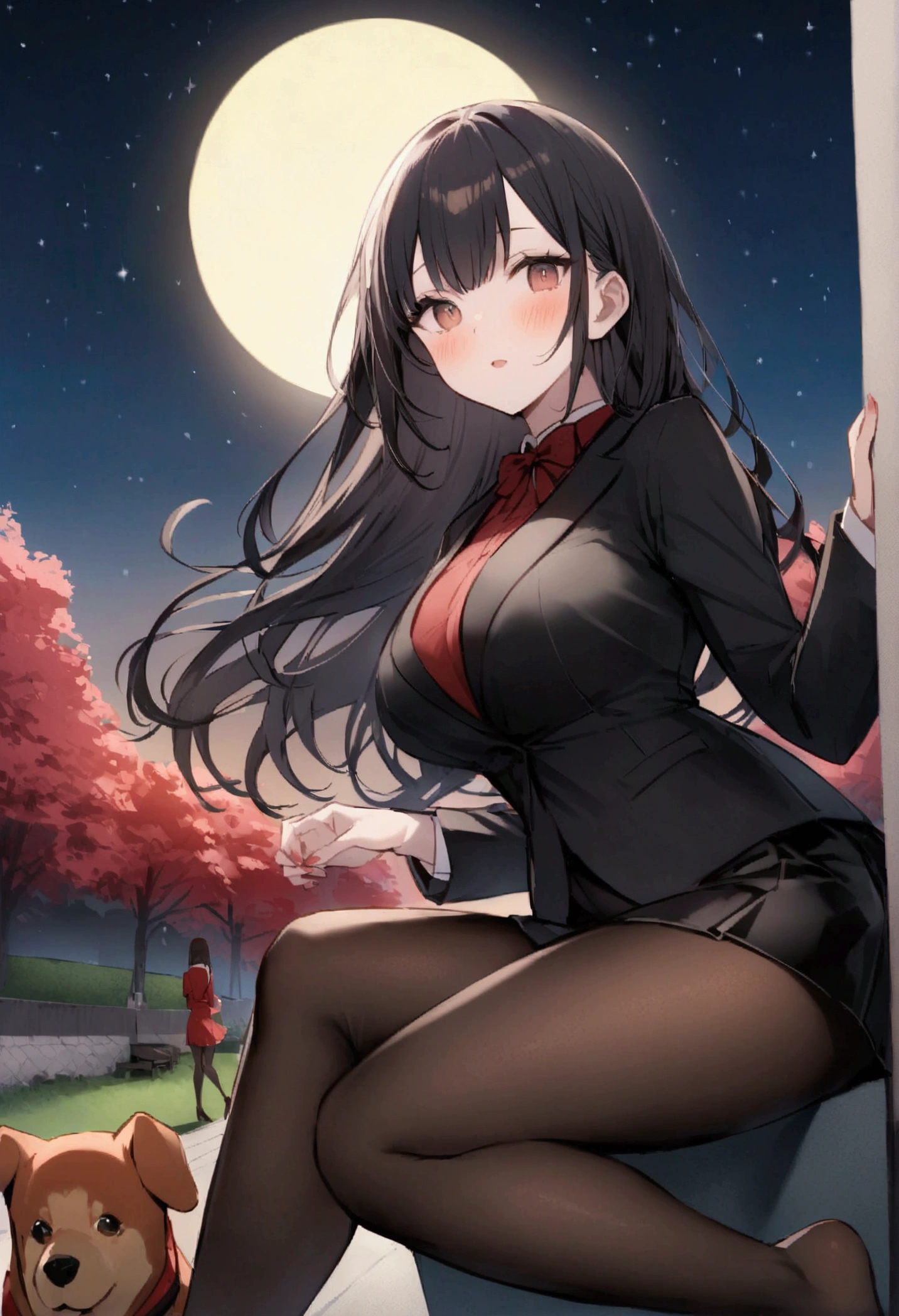 Dog 1、Woman 1、Red miniature dachshund、Red miniature dachshund long hair、dog'color is red、woman with very long black hair、Busty women、Spectacular views、Night Scene、The view from the top of the hill、Full moon night sky、swirling starry sky、8K、Best Quality、詳しいdogの顔、The woman is facing the opposite direction、Ria、I can't see a woman's face、The whole body is in the photo、Like the night view of Tokyo、The woman is wearing a miniskirt and her crotch is visible.、Pantyhose legs