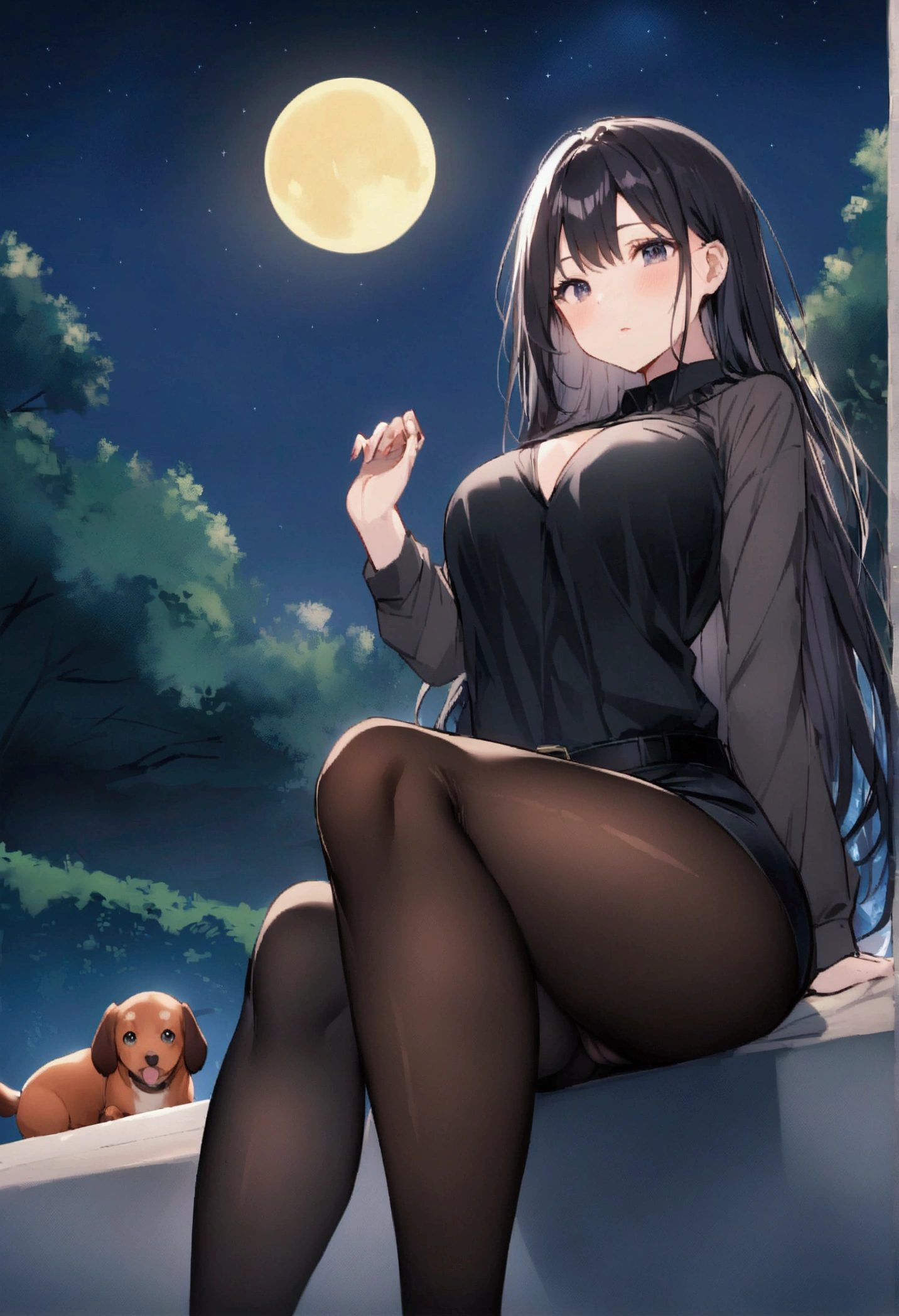 Dog 1、Woman 1、Red miniature dachshund、Red miniature dachshund long hair、dog'color is red、woman with very long black hair、Busty women、Spectacular views、Night Scene、The view from the top of the hill、Full moon night sky、swirling starry sky、8K、Best Quality、詳しいdogの顔、The woman is facing the opposite direction、Ria、I can't see a woman's face、The whole body is in the photo、Like the night view of Tokyo、The woman is wearing a miniskirt and her crotch is visible.、Pantyhose legs