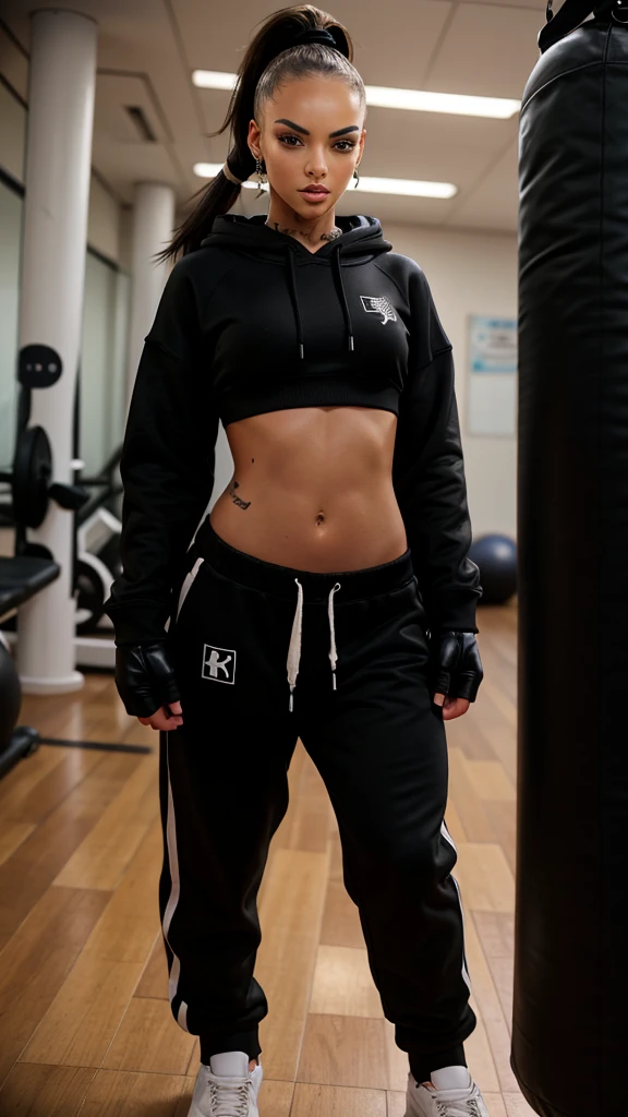 Alisha Lehmann skinny sexy model,She has no tattoo she is wearing big oversized baggy black hoodie big sweatshirt covering her breasts and stomach and big high waist oversized big baggy black sweatpants boxing gloves,in a gym she has small sexy breasts,skinny sexy thighs black hair ponytail with bangs,big silver hooves earrings black gloves, sneakers ,full body view, walking black hair skinny girl oversized big hoodie, oversized big sweatpants boxing gloves, punching gloves looking into the camera big oversized pants big sweatshirt wearing boxing gloves no tattoos she has no tattoo black hair sweatshirt covering belly button big hoodie oversized sweatpants