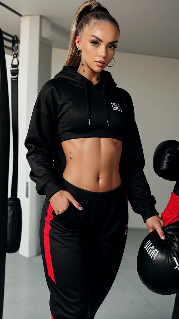 Alisha Lehmann skinny sexy model,She has no tattoo she is wearing big oversized baggy black hoodie big sweatshirt covering her breasts and stomach and big high waist oversized big baggy black sweatpants boxing gloves,in a gym she has small sexy breasts,skinny sexy thighs black hair ponytail with bangs,big silver hooves earrings black gloves, sneakers ,full body view, walking black hair skinny girl oversized big hoodie, oversized big sweatpants boxing gloves, punching gloves  looking into the camera big oversized pants big sweatshirt wearing boxing gloves no tattoos she has no tattoo black hair sweatshirt covering belly button big hoodie oversized sweatpants 