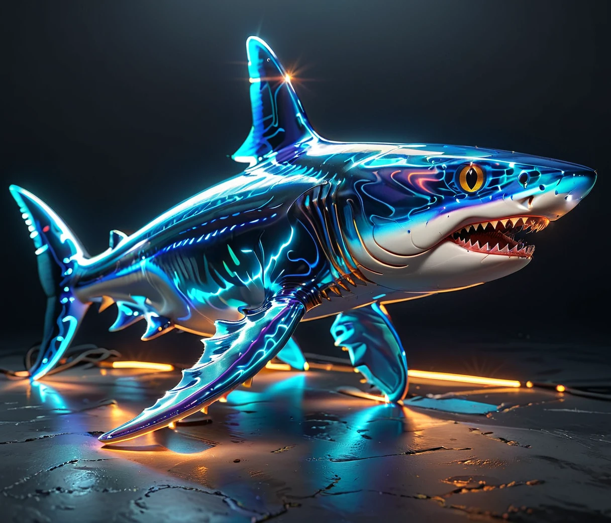 gl4ssj3m, (glass blue shark), glowneon, vibrant neon, intricate details, extremely detailed, best quality, hires textures, cinematic lighting, casting a gentle glow on its surroundings, warm light, gray background, detailxl 
