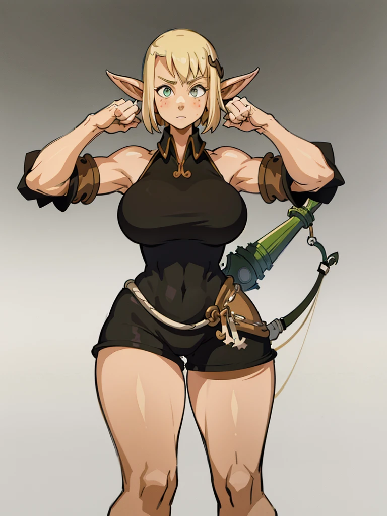 blond short hair ,(best quality), (ultra detailed),(disheveled hair),(illustration), (1girl), (Fashionable clothing), standing, Fashion model, masterpiece, best quality, bow, elf girl, strong abs,enormous massive gigantic big large fat absurde breasts, enormous legs, enormous thighs 