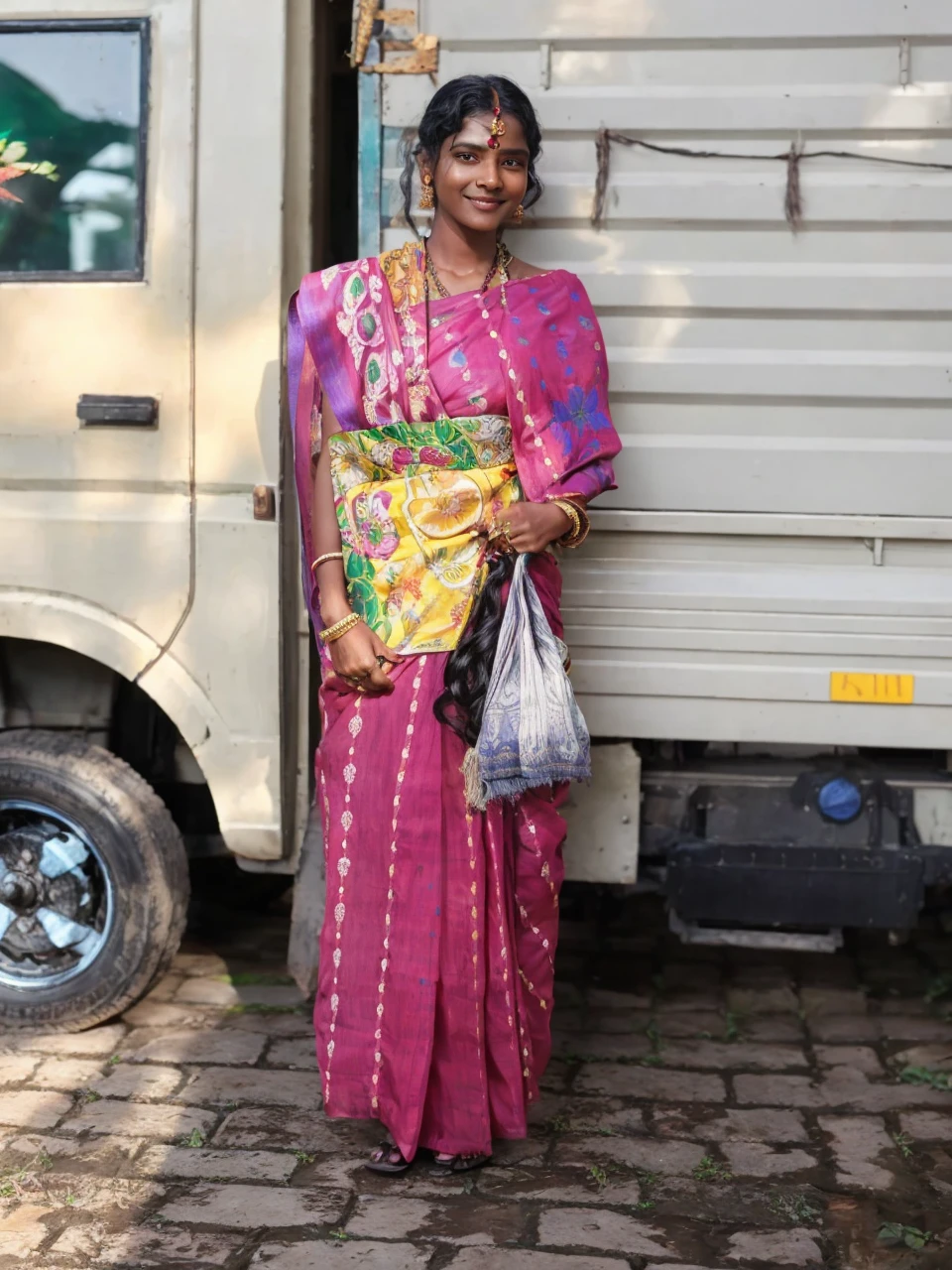 1 18 year old indian girl, longye hair, curly hair, black hair color, smooth skin, eyes black, sorrido, vegetation, Occasional, traditional style clothes, black formal sari, realisitic, with background in a fancy restaurant, 8k super realisitic, super detalhado e realisitic