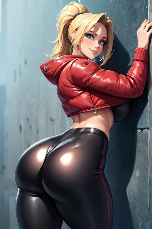 High resolution, Very detailed, perfect lighting, beautiful detailed eyes,   ((masterpiece,Best Quality)), absurdities, alone,     princess zelda, by the width, crown braid, Hair clip, pointy ears, Red shirt, long sleeves, Gloves without fingers, black gloves, smile, curves, nod,   ,  deep neckline, deep neckline, bare breasts, bare breasts, NSFW, visible nipples, visible nipples, view from behind, view from behind, big butt, big butt,, red thong with lace, red thong with lace, sitting