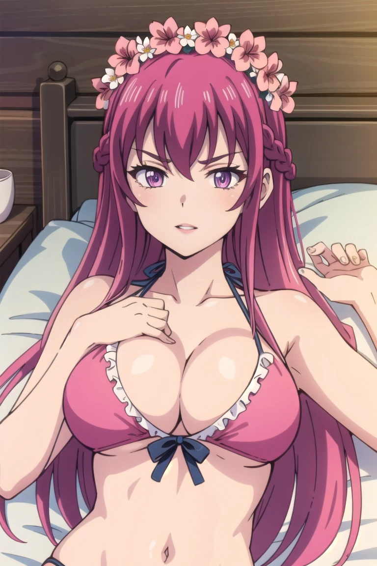 portrait, solo focus, solo, bedroom, looking at viewer, (parted lips:1.2)
cafe_pink, 1girl, solo, purple eyes, long hair, head wreath, flower, looking at viewer, frown, pink hair, braid, hair ornament, smile , big breasts , hot body, ((pink bikini )), navel , panties , lying on her back on bed , playing with hair