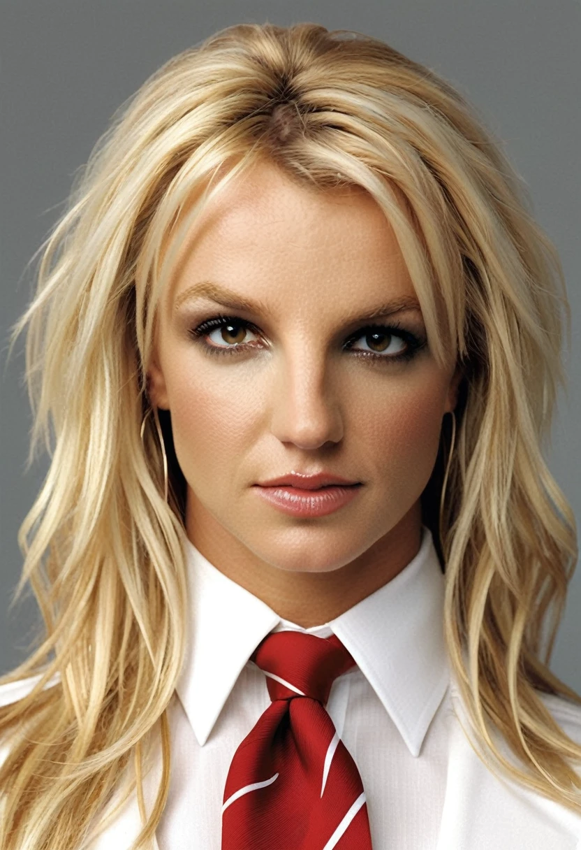 Britney Spears with a red tie and white shirt posing for a photo, Temporary image of Giorgia Meloni, Marta Syrko, carola rubio, irina nordsol kuzmina, Britney Spears,best qualityer, realisitic, realisitic, Award-Winning Illustration, (Highly detailed face and skin texture), (fully body), (Complicated Detail: 1.2), (finely detail), (Complicated Detail), (cinematic lights, luz de fundo de best qualityer), lines sharp, sharp focus, offcial art, unity 8k wallpaper , absurdrez, unbelievably absurd, huge filesize, Ultra girl , Fantasyart, RTX,((Closing-up photo by award-winning studio)), , (Shut your mouth), , perfect hands, beautiful detailed eyes, face perfect