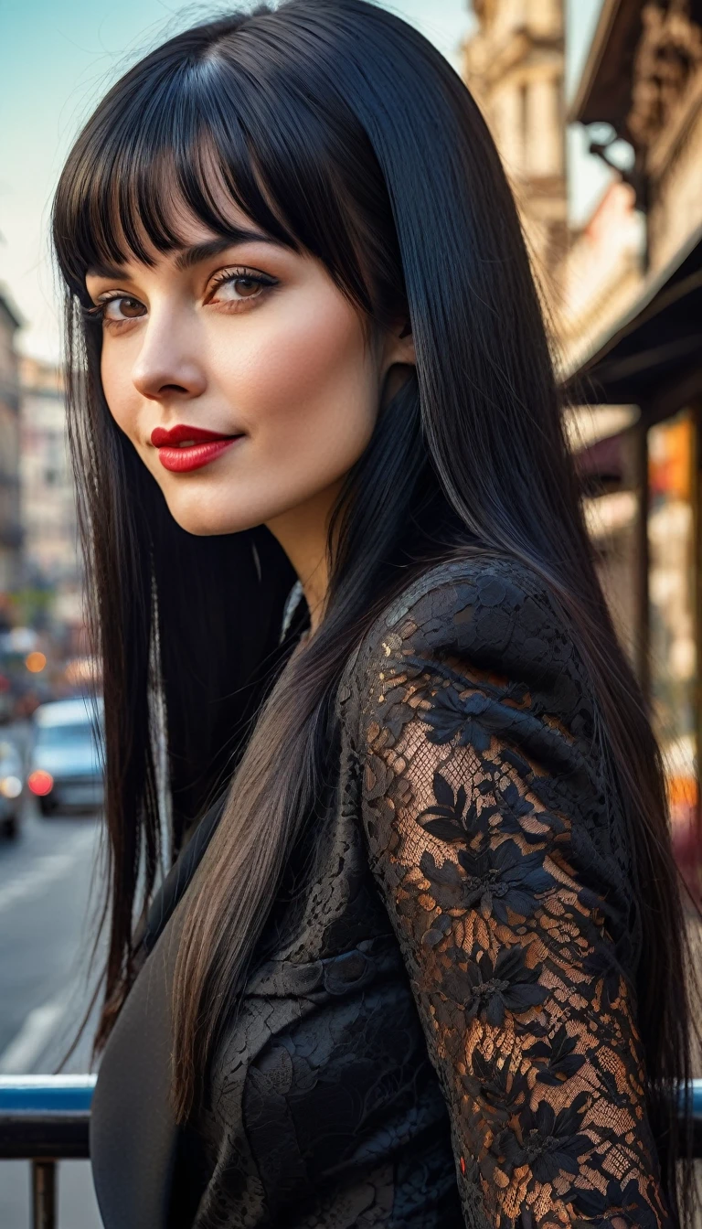 High-quality realistic acrylic art, vivid colors, lateral point of view, a beautiful vintage european woman with long black straight hair, bangs, looking at the viewer with suspicious face and a shy smile, (((she wears vintage black lace suit))), big city background