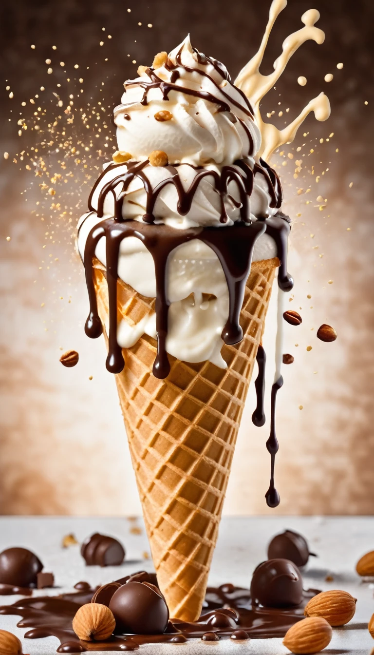 a picture an ice cream on a cone with hazelnuts, yogurt and chocolate splashing in the background like in a commercial