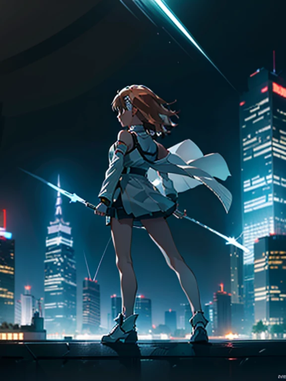 masterpiece, best quality,1girl, solo, ,misaka mikoto, standing,Urban, City,skyscrapers,  Thunder Bolts, Flashing, Glowing,  Dynamic, Dramatic,  Nighttime,  Impressive, 