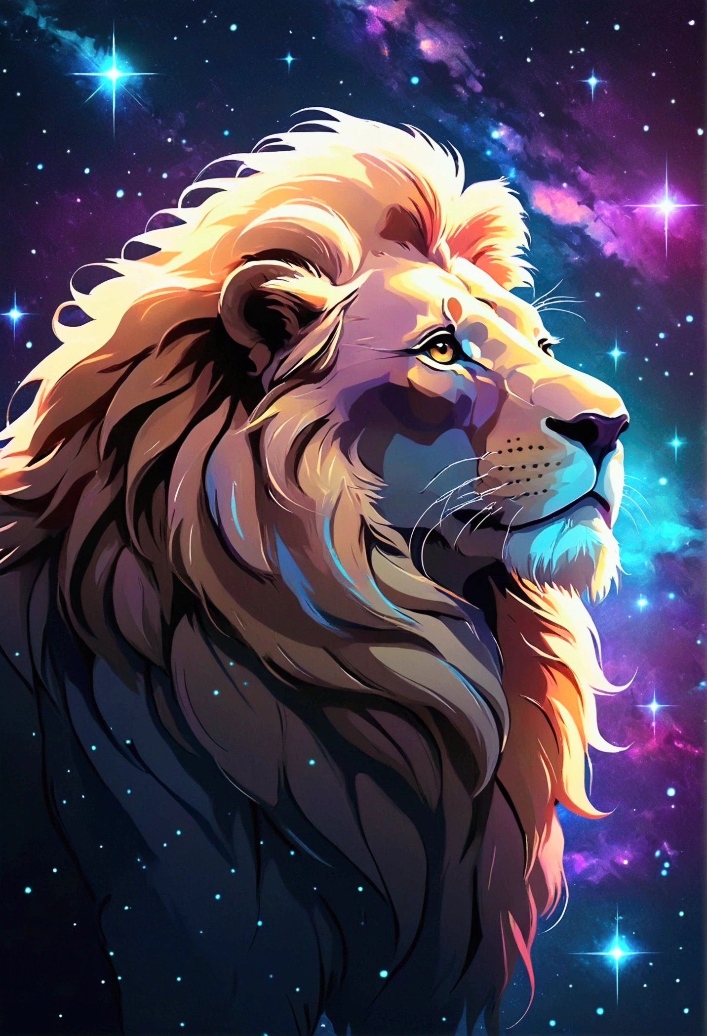 a lion silhouette (stylized) composed by bright stars. Cosmic background