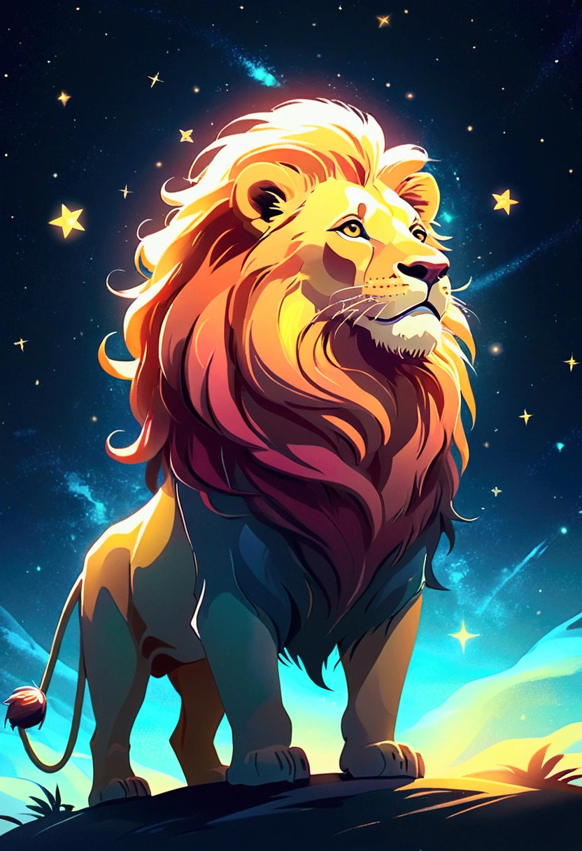 a lion silhouette (stylized) composed by bright stars. Cosmic background
