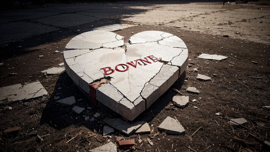 Imagine a scene that symbolizes a broken heart. In the center of the image, visualize a broken heart, with visible cracks that symbolize pain and sadness. Around the heart, play out three scenarios: