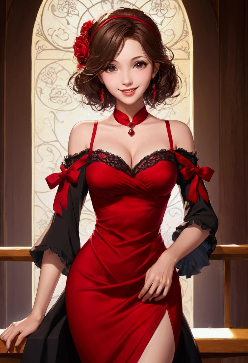 ((masterpiece, high quality, best quality, 8k, wallpaper, fine lineart, highly detailed, absurdres)), illustration, (manga:1.2), bar, night, ((perfect nsfw paint)),  (t13r3dsk1rt, long sleeves,choker, red velvet dress, short dress, layered skirt, over-kneehighs,), intricate cinematic angle,  (stunning milf), bartender, fashion model, firm, natural breast, smooth,  <lora:t13r3dsk1rt:0.8>
