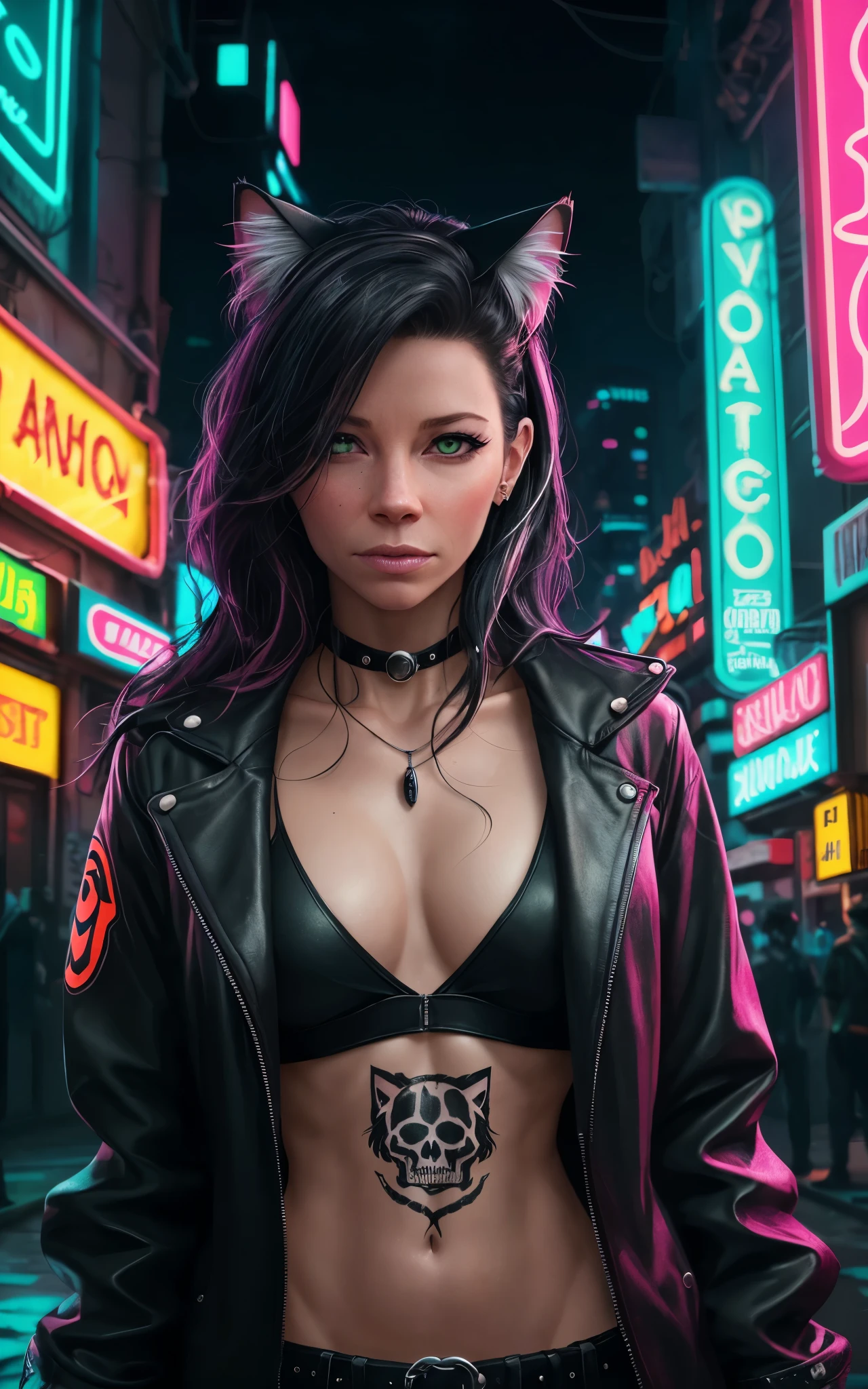 (Evangeline Lilly) Digital illustration featuring a anthropomorphic feline+paws+claw+tail with a striking appearance set against a vibrant, neon-lit urban background. She has human face and black hair with a prominent white streak, styled in a modern. She has yellow eyes. Her skin is fair with a strong complexion, and she has distinct facial features including sharp eyebrows, amber-colored eyes. She wears cat ears on her head, adding a playful yet fierce element to her look. Her attire includes a black choker and a black jacket. A noticeable tattoo of a skull with a gear design is visible on her upper arm. The background is filled with colorful, blurred neon signs in various shapes and sizes, contributing to the cyberpunk aesthetic of the image.