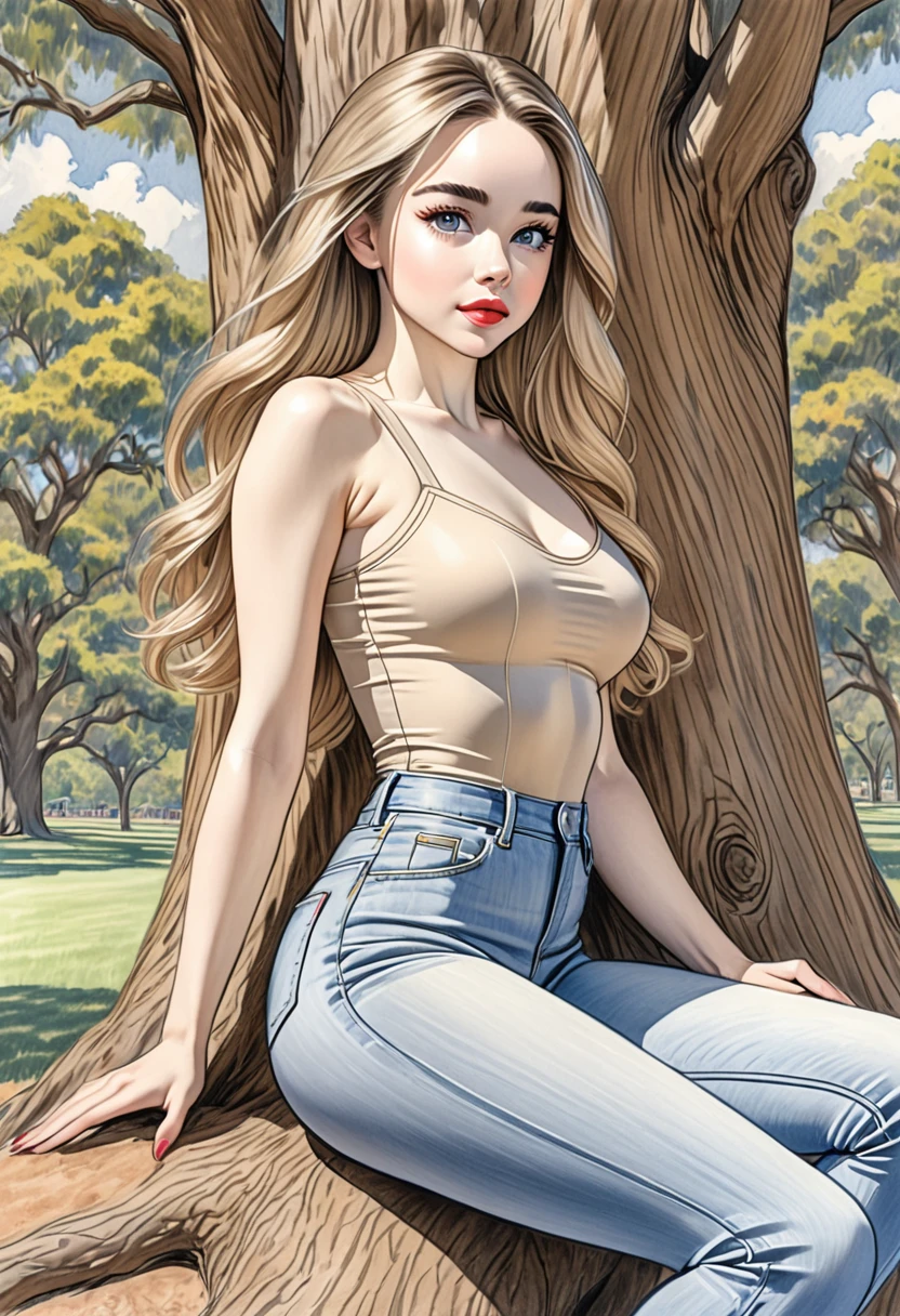 A colored pencil sketch of A beautiful woman, Beige leotard, large heaving breasts, skin tight highrise jeans. curvy, thin-waist, wide-hips, swaying-hips, fit, healthy chiseled, vuluptious figure. mash up of Sabrina Carpenter, She is sitting seductively under a live oak tree.