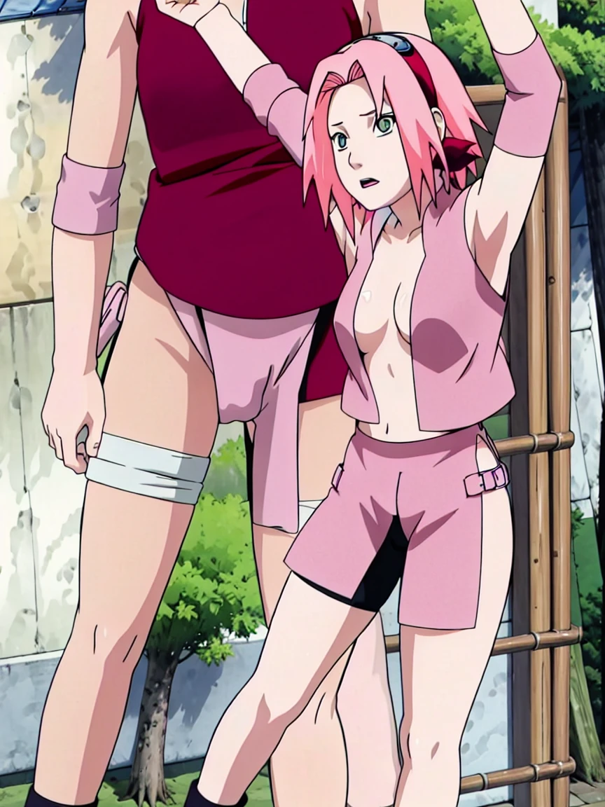 Sakura Haruno nude,wide hips,abdomen,sexy ,Show your armpits,jump,On the tree,IPST,(( naked,Torn shirt,full body,sleep, In the forest,open shirt,nipple))