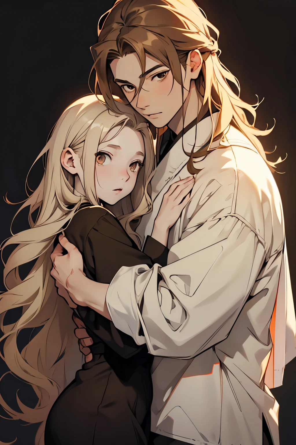 anime drawing of thin girl, Pale skin, long brown wavy hair, big brown eyes, hugging a boy with asian features, by the wide, Pale skin, Brown eyes