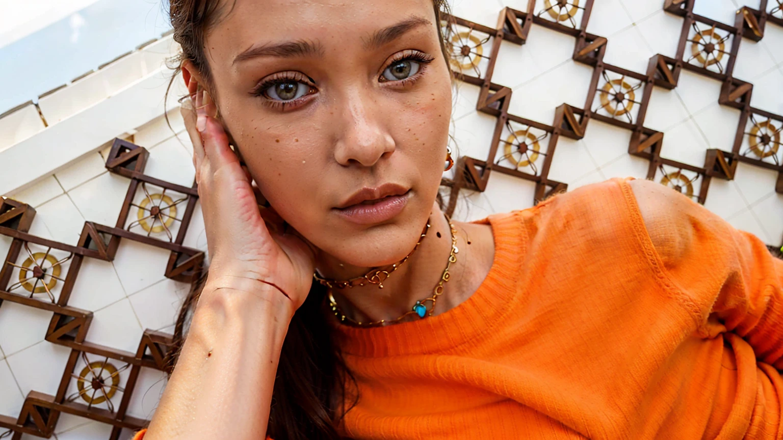 piercing eyes, looking straight, a 20 year old cute BellaHadid wearing an off-shoulder sweater, choker, closeup portrait, in a outdoor cafe in 2015, afternoon light,
