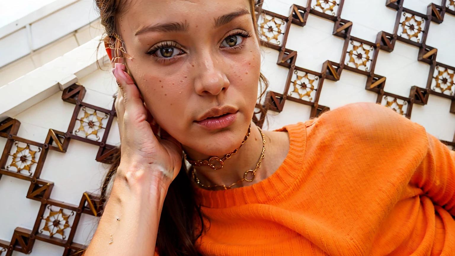 piercing eyes, looking straight, a 20 year old cute BellaHadid wearing an off-shoulder sweater, choker, closeup portrait, in a outdoor cafe in 2015, afternoon light,