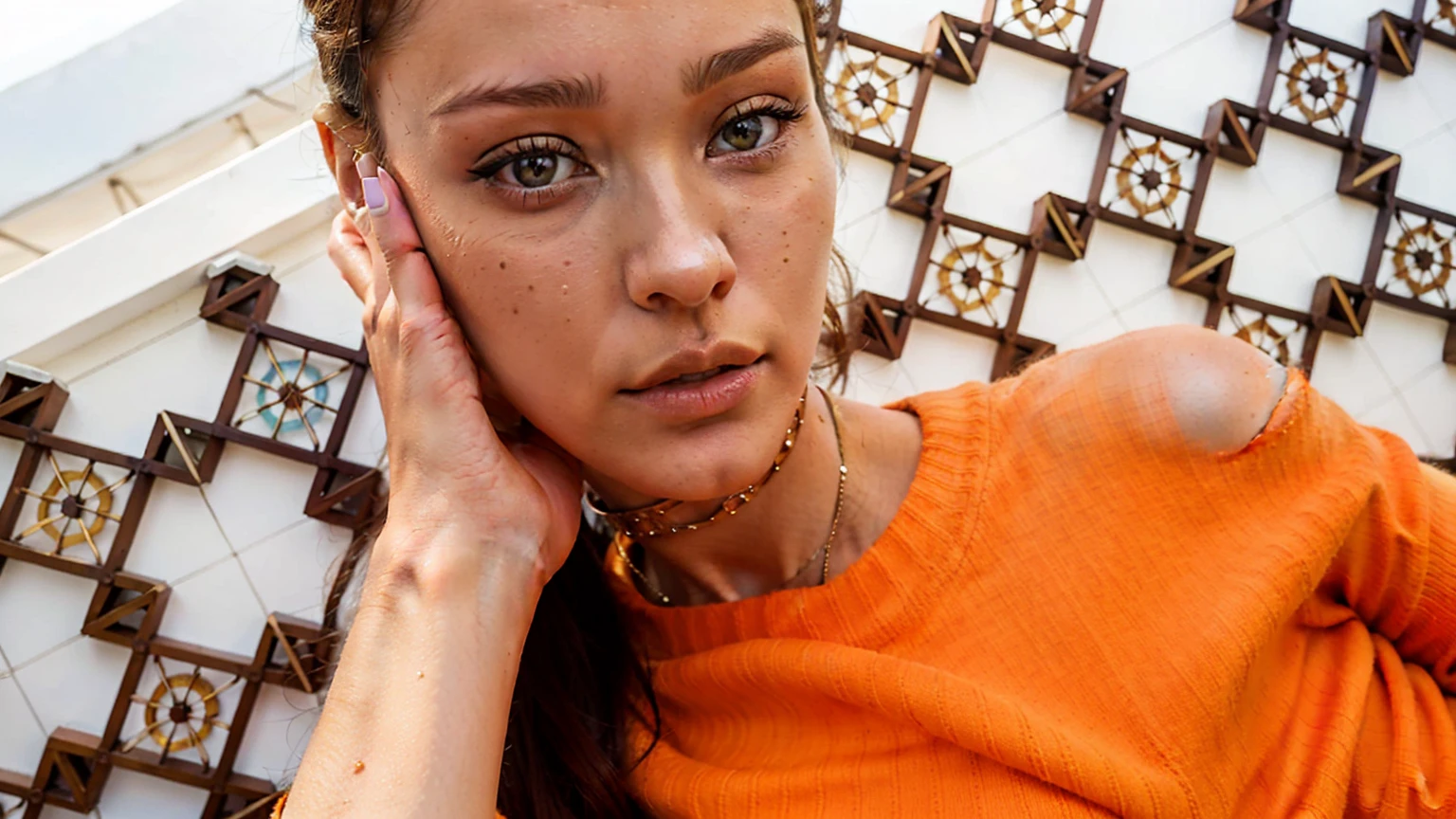 piercing eyes, looking straight, a 20 year old cute BellaHadid wearing an off-shoulder sweater, choker, closeup portrait, in a outdoor cafe in 2015, afternoon light,