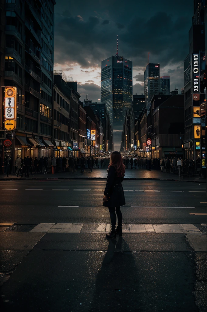 detailed cityscape, crowded city street, single person in the center, highly detailed, realistic, cinematic lighting, dramatic atmosphere, vibrant colors, photorealistic, 8k, masterpiece, intricate architecture, bustling crowd, striking focal point, moody urban environment