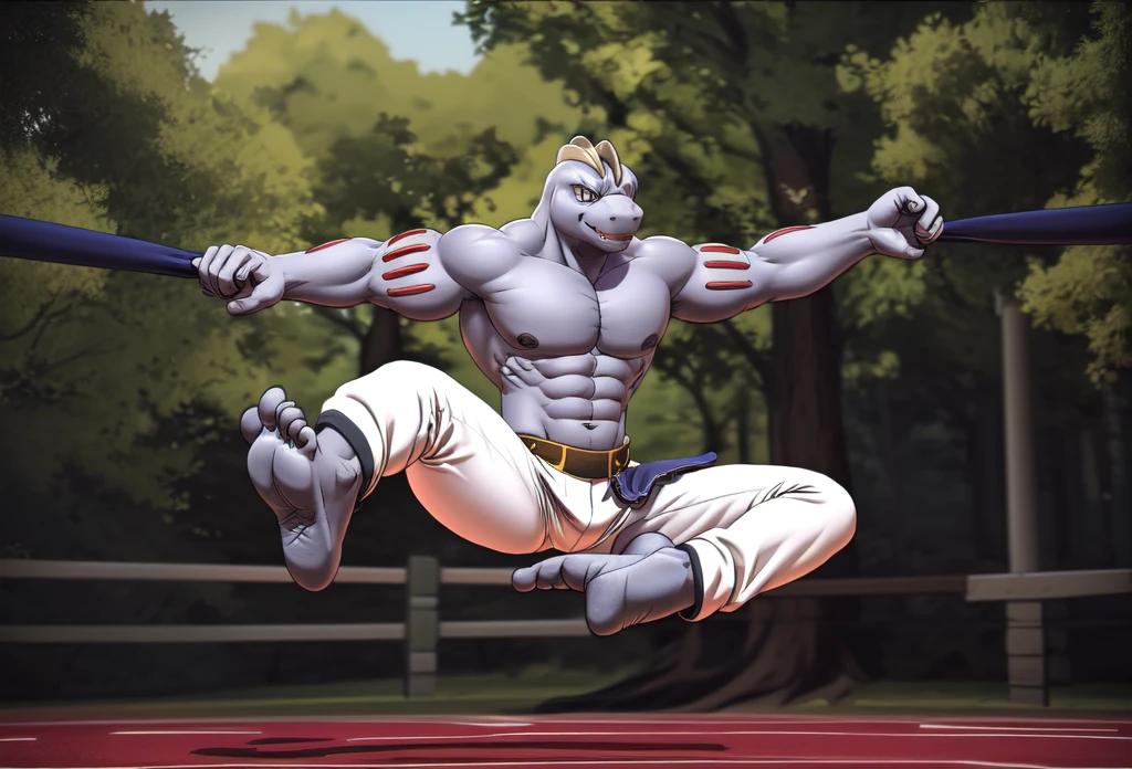 (((Barefoot furry character, full body, cinematic setting, furry male, plantigrade))) 

(((Machoke))) as Capoeira fighter, ((pokemon, long white pants, training Capoeira, in the park)), (((jump))), (((kick))), (((nice feet soles)))

blue body, bara:0.5

BREAK, intricate details, highly detailed, extreme detail, octane render, fine art, best quality, highres, (detailed face:1.5), ((full_body)), UHD, (((perfect hands))), (((perfect feet))), low light