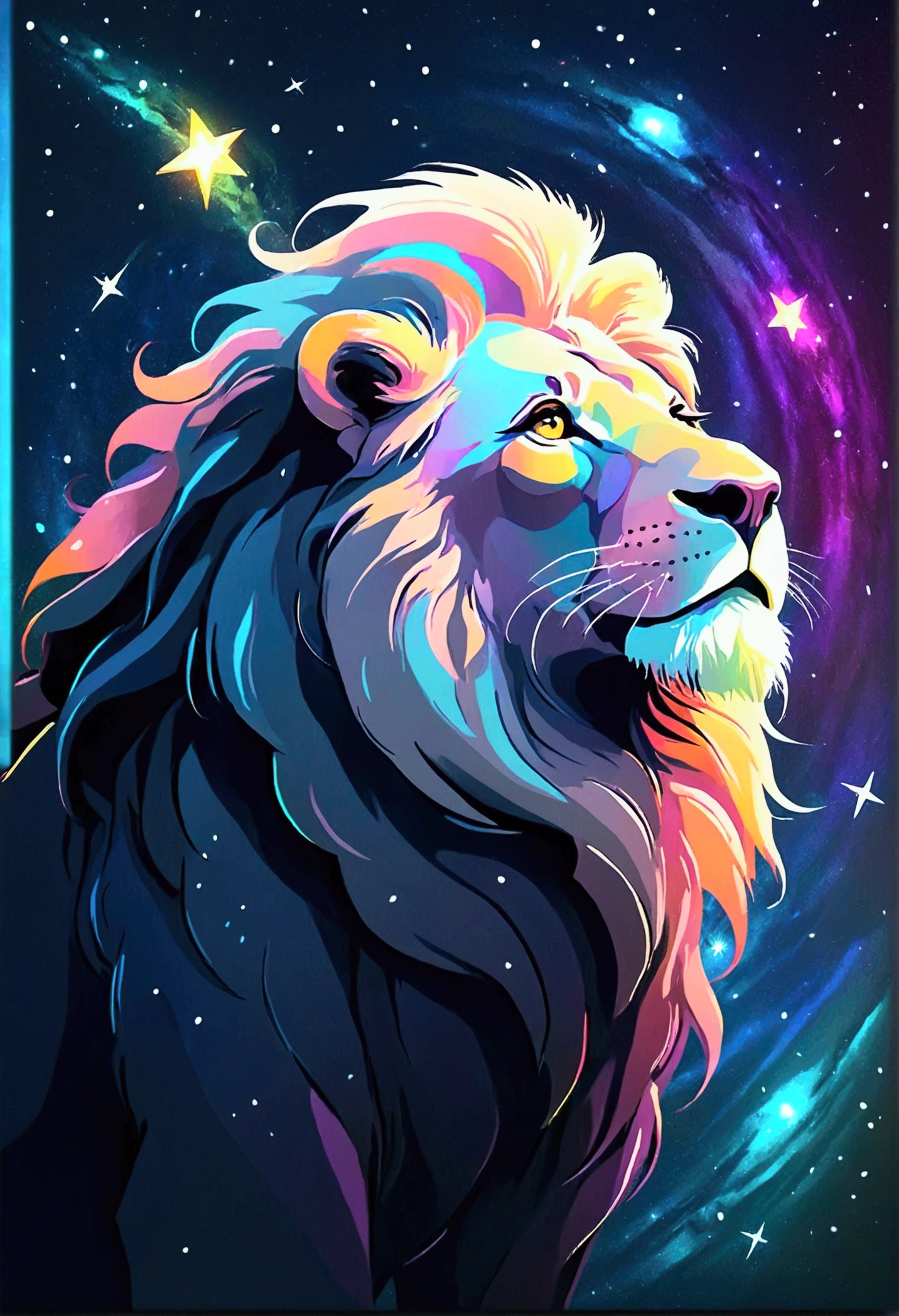 a lion silhouette (stylized) composed by bright stars. Cosmic background