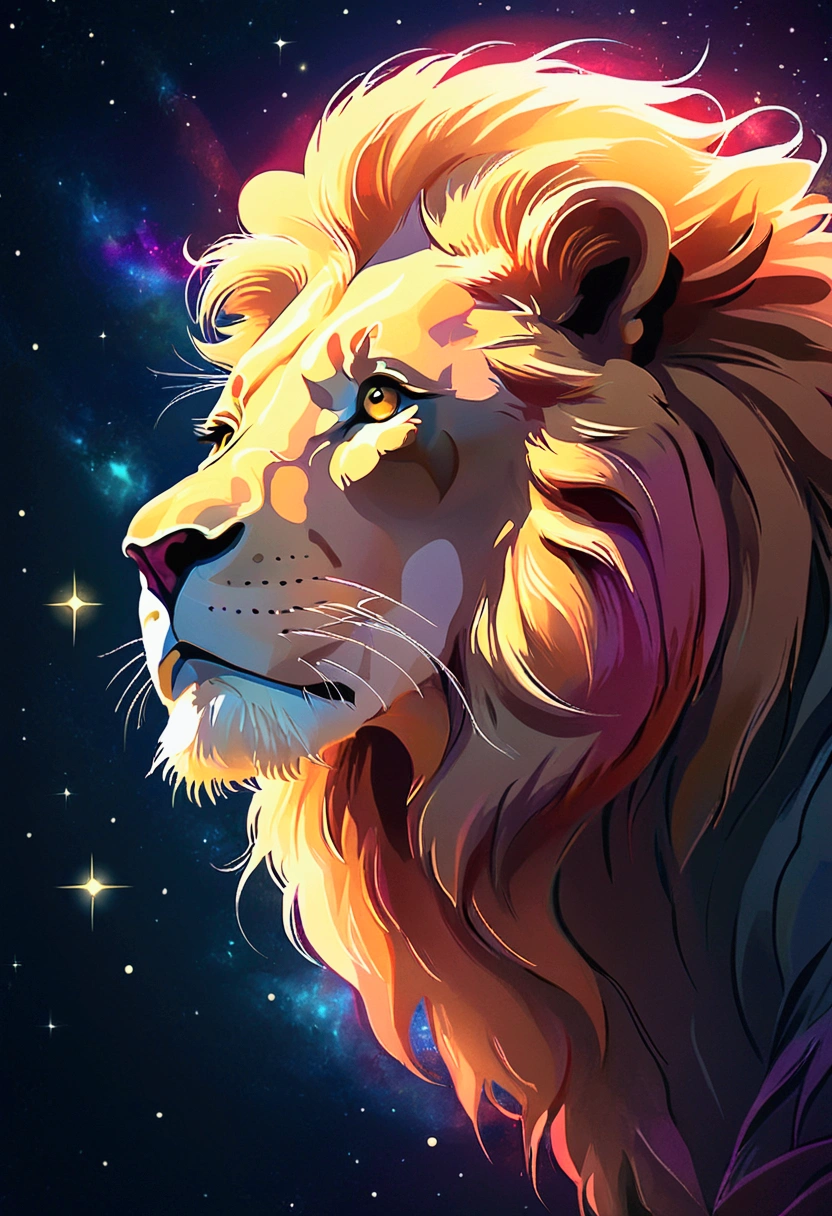 a lion silhouette (stylized) composed by bright stars. Cosmic background