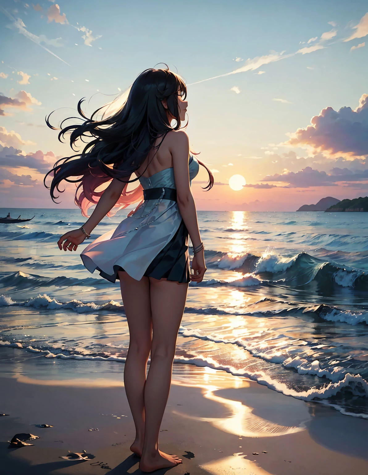 Summer evening、There is a high school girl practicing the trumpet on the beach.。She closed her eyes with a serious expression、Standing barefoot and wearing glasses。Her long hair blowing in the sea breeze is her defining feature.、Every time her hair sways in the wind, her concentration becomes even more apparent.。The soft light of the setting sun beautifully illuminates her silhouette.、The scenery is like something out of a painting.。