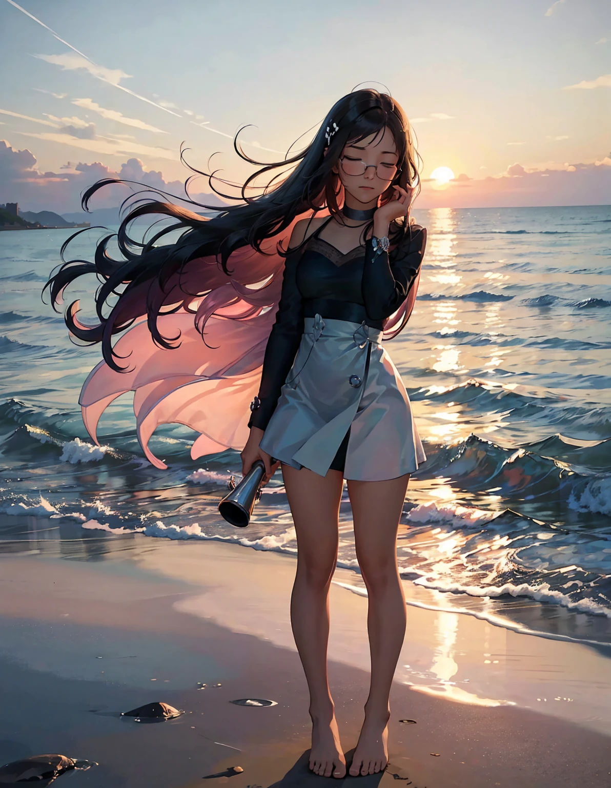 Summer evening、There is a high school girl practicing the trumpet on the beach.。She closed her eyes with a serious expression、Standing barefoot and wearing glasses。Her long hair blowing in the sea breeze is her defining feature.、Every time her hair sways in the wind, her concentration becomes even more apparent.。The soft light of the setting sun beautifully illuminates her silhouette.、The scenery is like something out of a painting.。