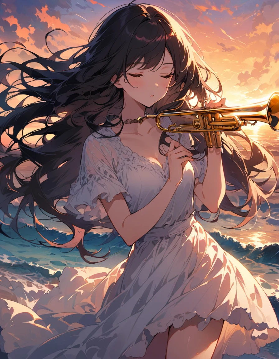 Summer evening、There is a high school girl practicing the trumpet on the beach.。She closed her eyes with a serious expression、Standing barefoot and wearing glasses。Her long hair blowing in the sea breeze is her defining feature.、Every time her hair sways in the wind, her concentration becomes even more apparent.。The soft light of the setting sun beautifully illuminates her silhouette.、The scenery is like something out of a painting.。