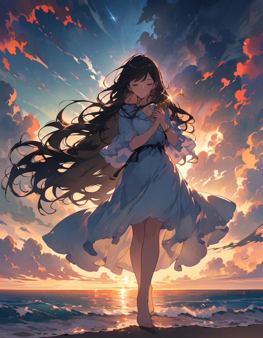 Summer evening、There is a high school girl practicing the trumpet on the beach.。She closed her eyes with a serious expression、Standing barefoot and wearing glasses。Her long hair blowing in the sea breeze is her defining feature.、Every time her hair sways in the wind, her concentration becomes even more apparent.。The soft light of the setting sun beautifully illuminates her silhouette.、The scenery is like something out of a painting.。