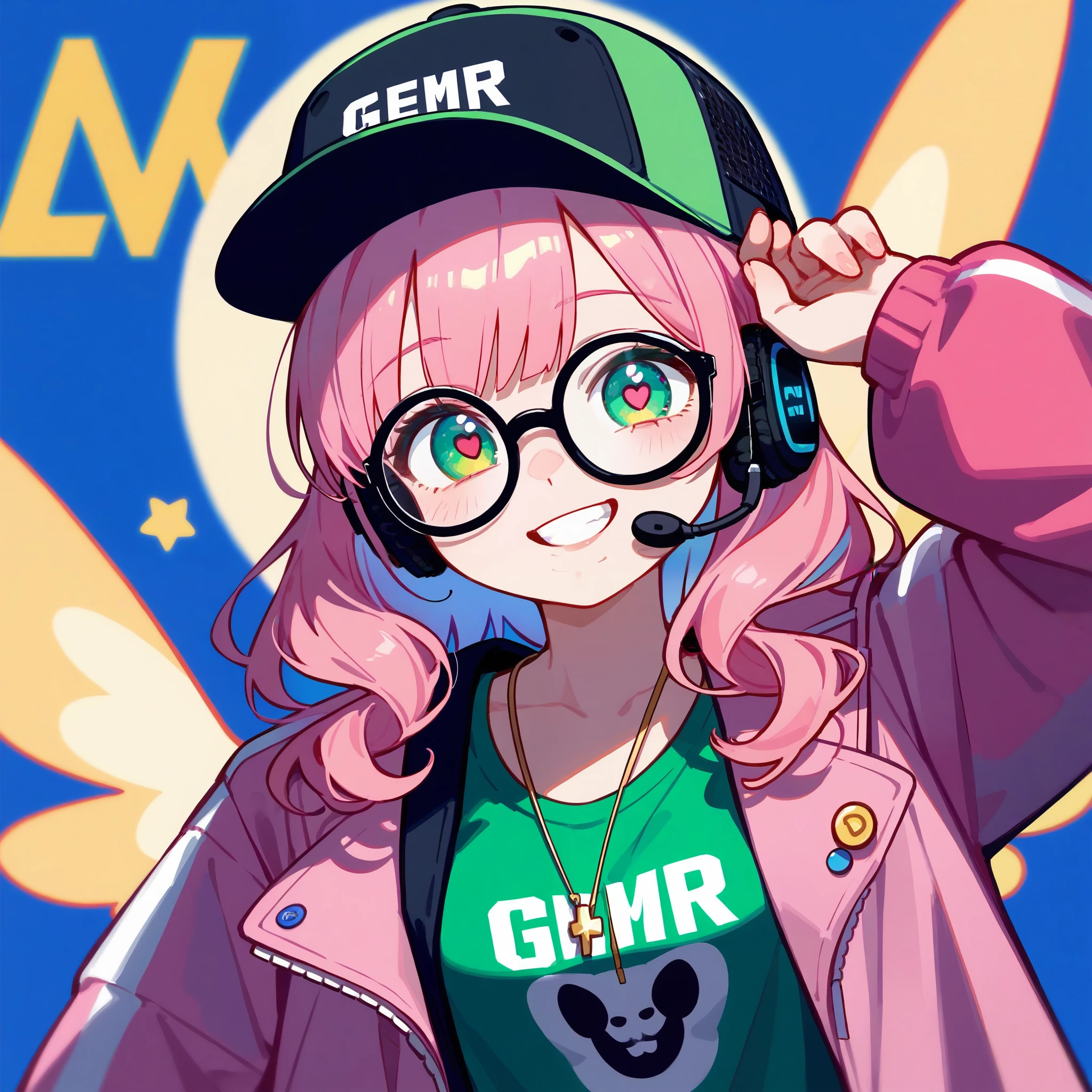 1girl, standing up, looking at viewer, hairstyle, gold rose accessories, green clothes, medium size breast, friendly, glasses, pale skin, gamer, cool, headset, Heartsteel style, pink hair, medium hair in front, long hair back, green clothes, pink coat, cool headset, rounded glasses, winged hat, gamer, 8k, humanization, looking at viewer, smile, attitude, solo, masterpiece, fully dressed, full resolution, high definition, portrait, cute eyes, cheerful, dynamic posse, elite, sneakers, pants