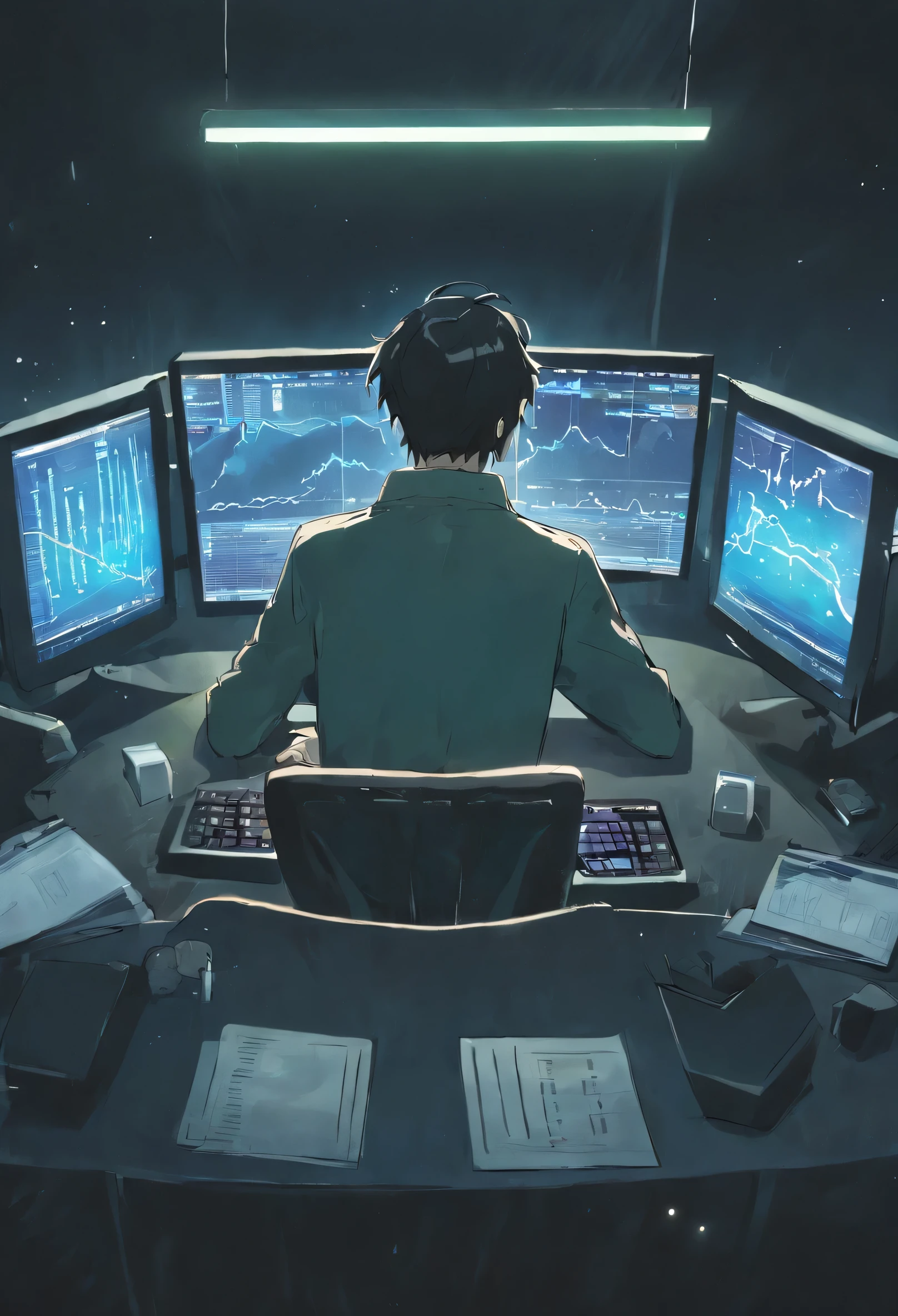 There is a man sitting at a table with two computer monitors, sitting at a computer, sitting in front of the computer, looking at monitor, displaying stock charts, sitting at a computer desk, in front of a computer, negotiation, negotiation stocks,