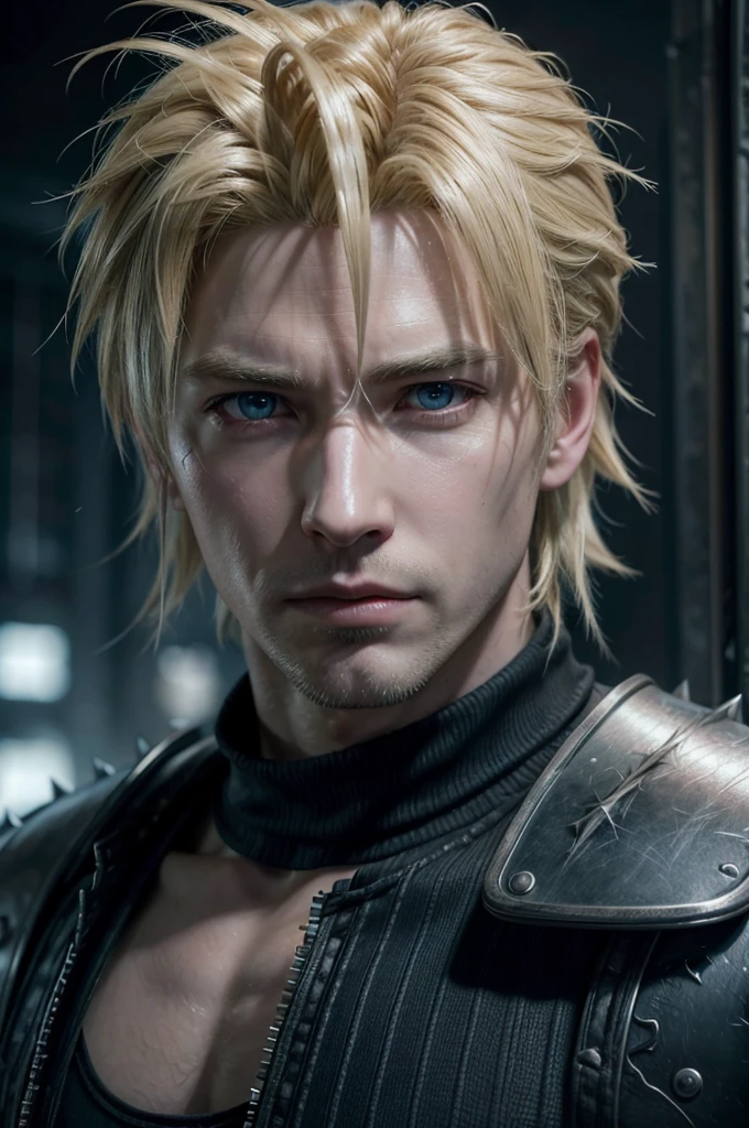 a detailed portrait of cloud strife, an adult male character from the final fantasy vii video game franchise, 38 years old, tall and slender build, with spiky blond hair and piercing blue eyes, highly detailed facial features, intricate clothing textures, dramatic lighting, cinematic composition, digital painting, photorealistic, unreal engine, 8k, award winning concept art
