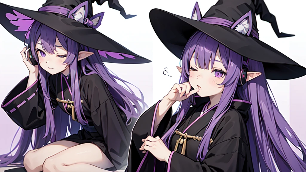 1 person. Anime girl with long purple hair and black robe. Pointy ears. Cute as in manga. Sitting  with eyes closed. Headphones. Witch hat on the ground.